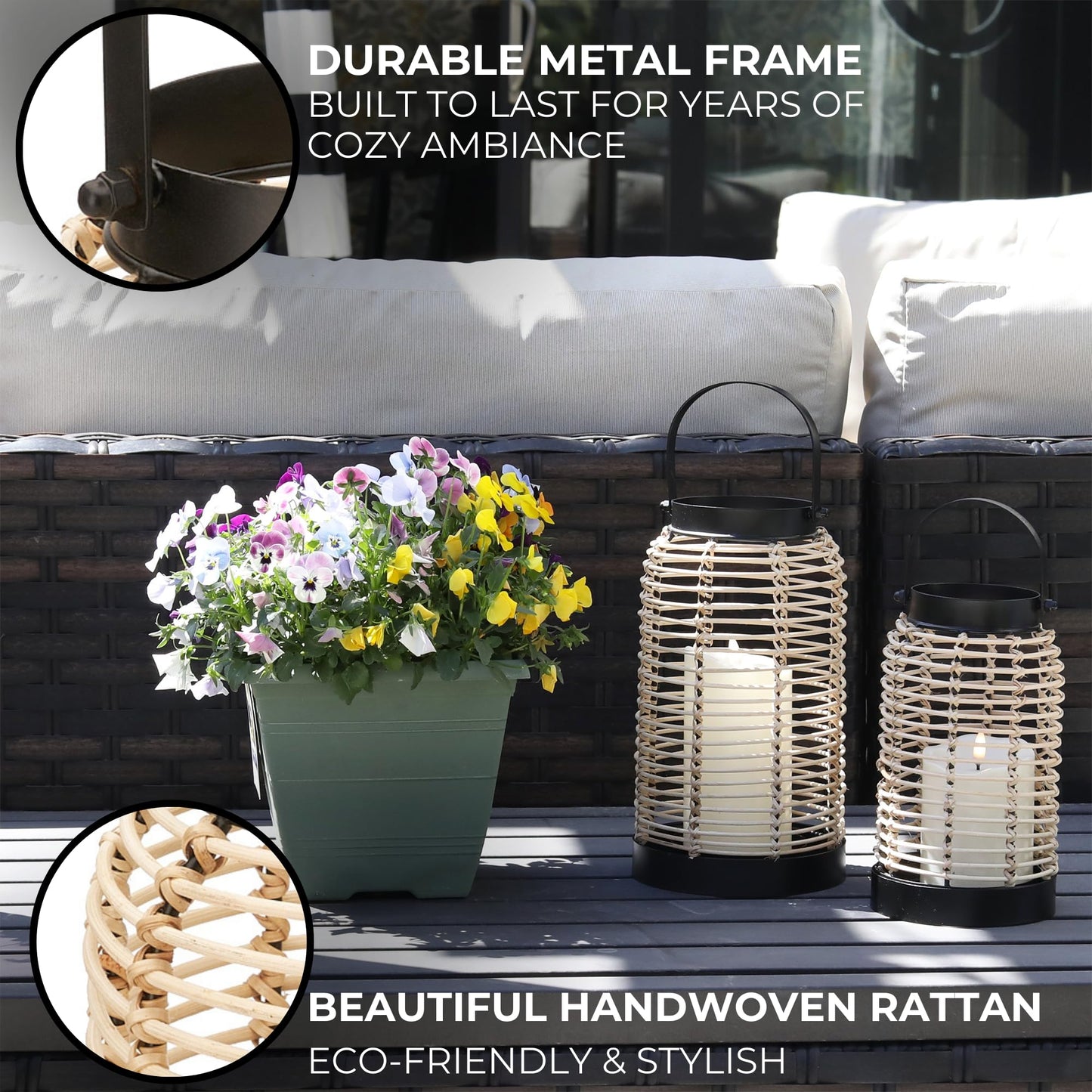 Natural Rattan Boho Lanterns - Handcrafted Chic Decor to Enhance Your Home - Modern Farmhouse Beauty Perfect for Any Living Room, Patio & Porch, Indoor and Outdoor Coffee Table or Kitchen Dining Table
