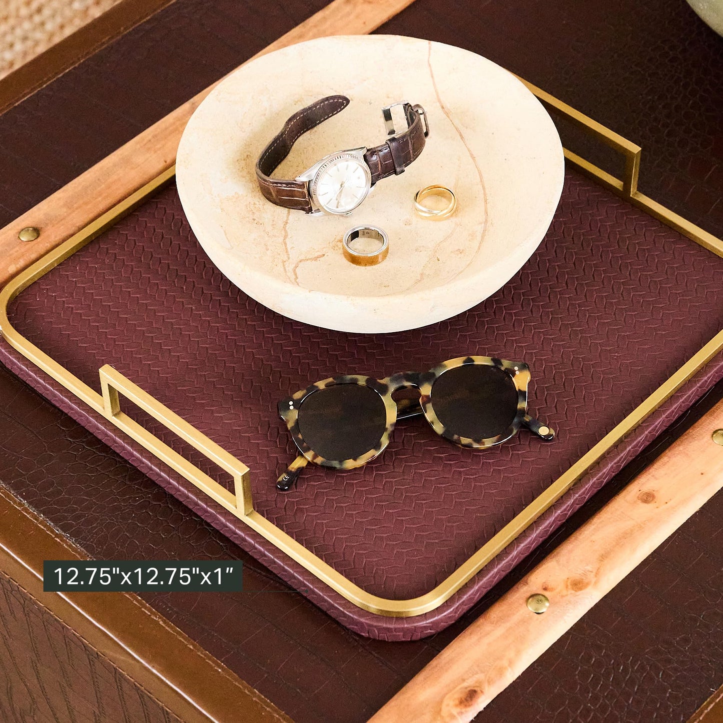 Preston Lane Mayfair Decorative Tray – Vegan Leather with Woven Texture, Brushed Brass Handles – Serving, Dresser & Coffee Table Tray, Espresso