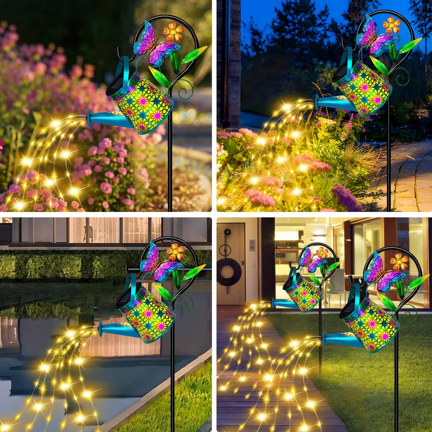 Solar Watering Can with Lights, Waterproof Solar Lantern with Butterfly Shepherd Hook, Hanging Garden Lights for Patio Yard Lawn Porch Outdoor Decoration, Unique Garden Gifts for Women Mom Birthday