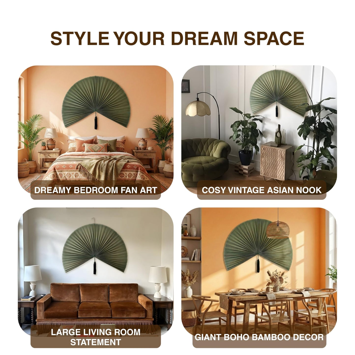 SUCHUBU Bamboo Fan Wall Decor Japanese Hanging Art Headboard, Boho Folding Asian Style, Natural Ivory Home Aesthetic - Lightweight Easy to Hang over Bed Decor (Green, Large)