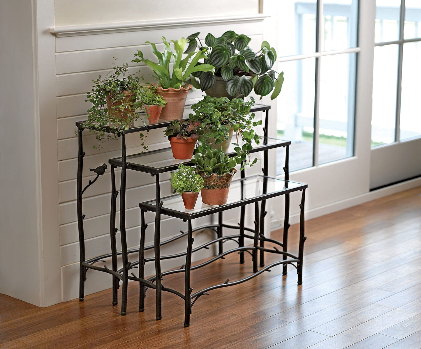 Gardener's Supply Company 3 Tier Plant Stand | Decorative Metal & Tempered Glass Ladder Shelf | Best For Living Room, Patio & Balcony