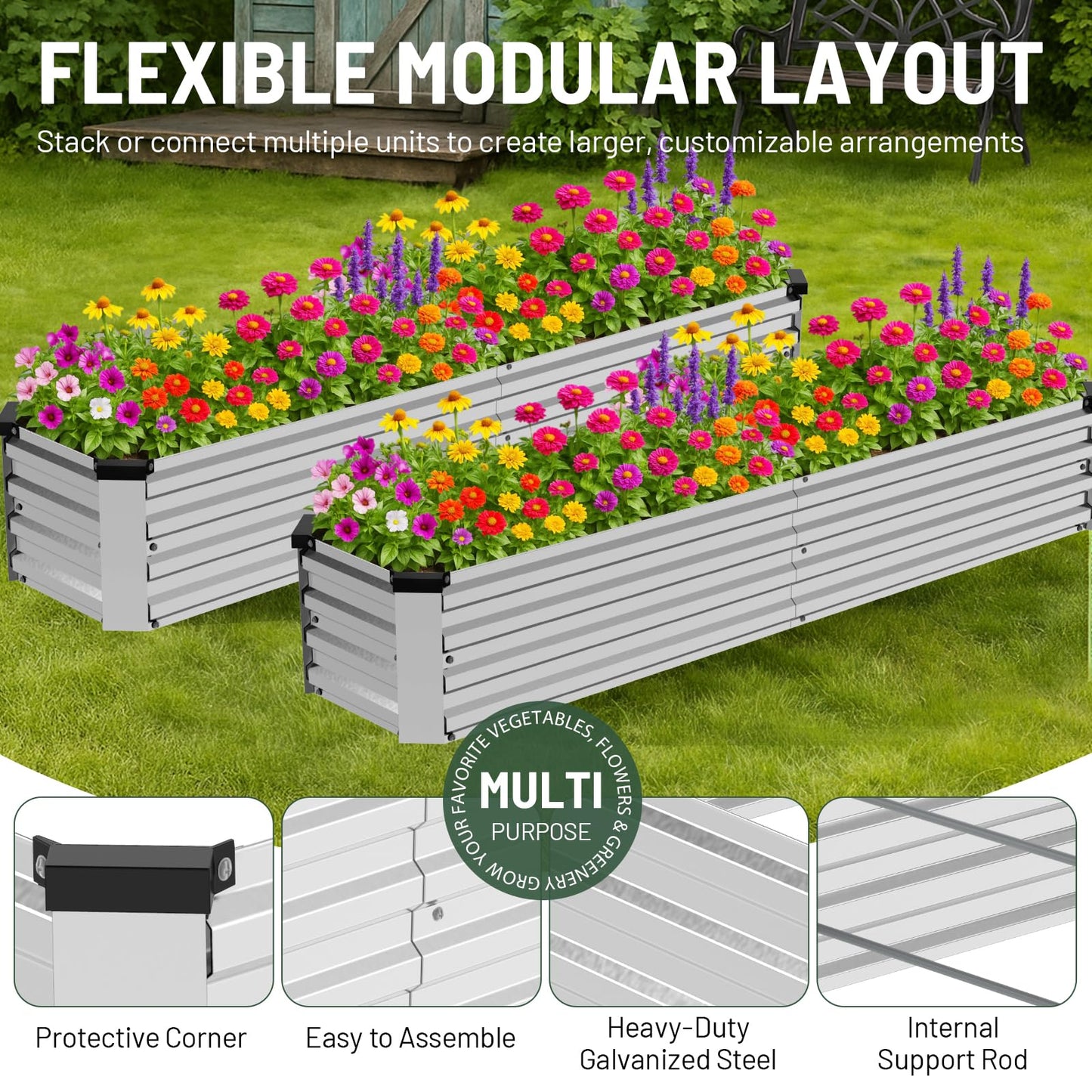 Bujijun 2 Pack 8x2x1FT Galvanized Metal Raised Garden Bed Kit for Vegetables, Herbs, Open-Bottom Large Capacity Outdoor Planter Box Gardening Stakes, Silver
