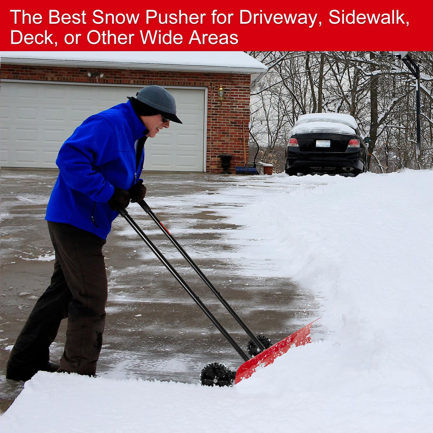 38 Inch Snow Shovel for Driveway, Brewin SnowPro Bi-Direction Heavy Duty Snow Pusher with Wheels and Angled Blade for Efficient Snow Removal, Back Saver Snow Plow for Doorway Sidewalk