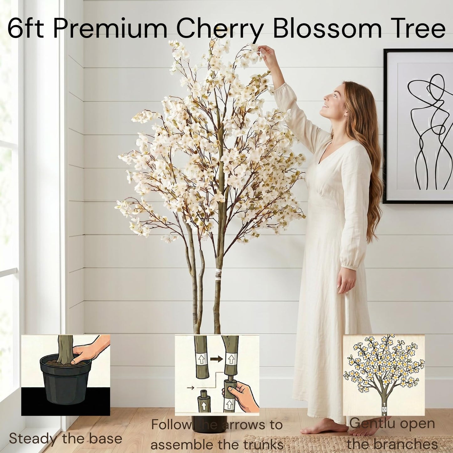 Artificial Cherry Blossom Tree with Lights 6ft Tall, White Faux Cherry Blossom Tree Indoor with LED String Lights, Japanese Sakura Tree for Living Room Office Home Decor