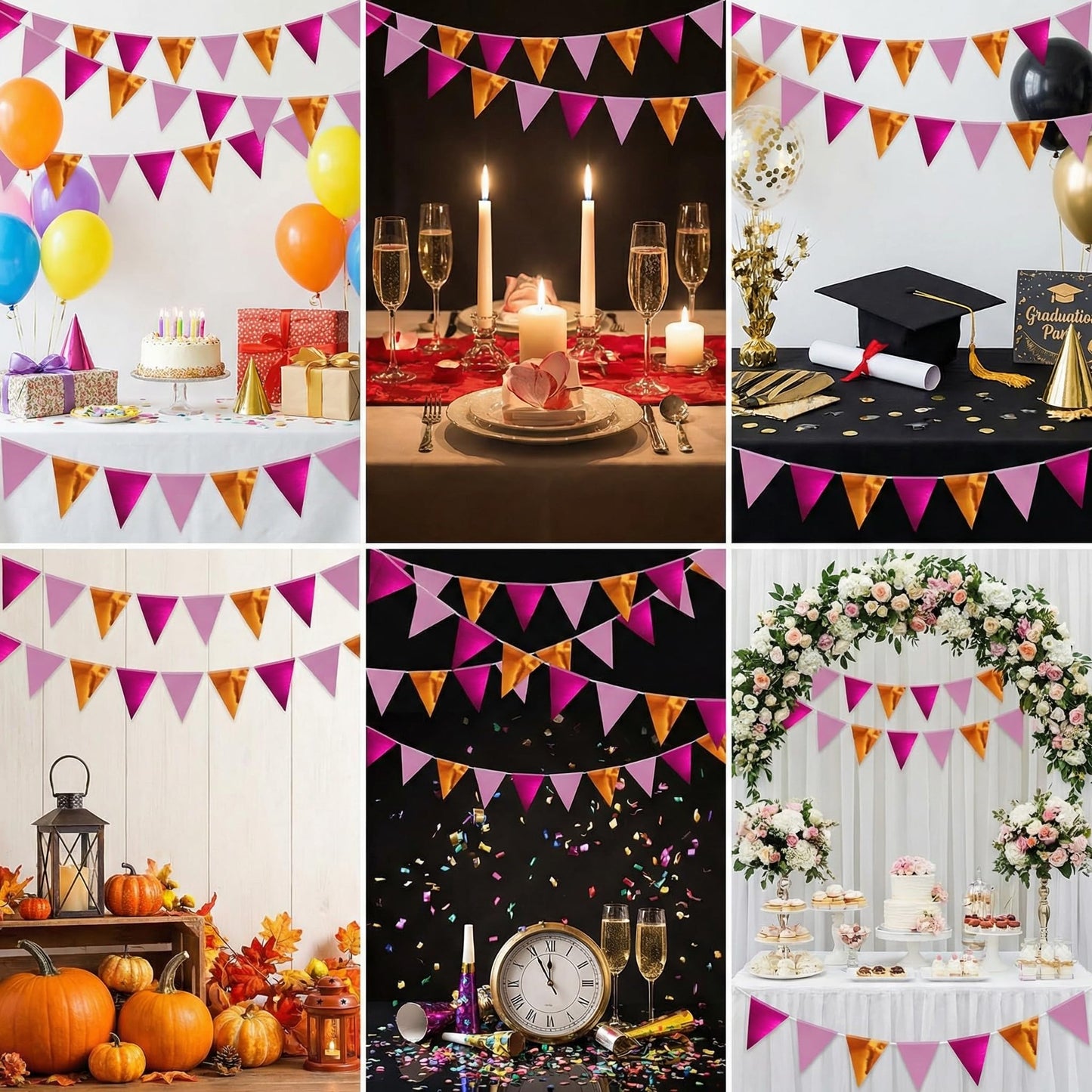64ft Rose red Pink and Orange Triangle Pennant Banner Flag Metallic Paper Bunting Garland for Hanging Backdrop Birthday Decorations Graduation Bachelorette Bridal Wedding Shower Party Supplies