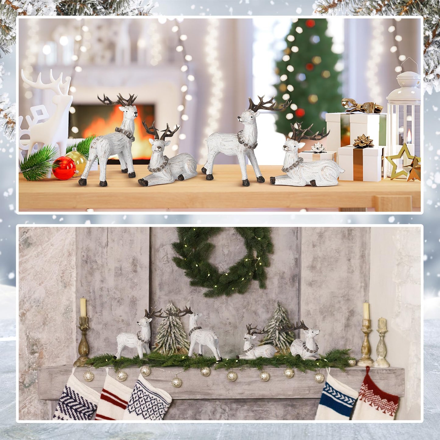 Wesiti 4 Pieces Christmas White Reindeer Gifts Stocking Stuffer Reindeer Tabletop Decoration Standing and Sitting Deer Figurines Xmas Decorative Statue Rustic Decor for Tabletop Mantel Winter Home