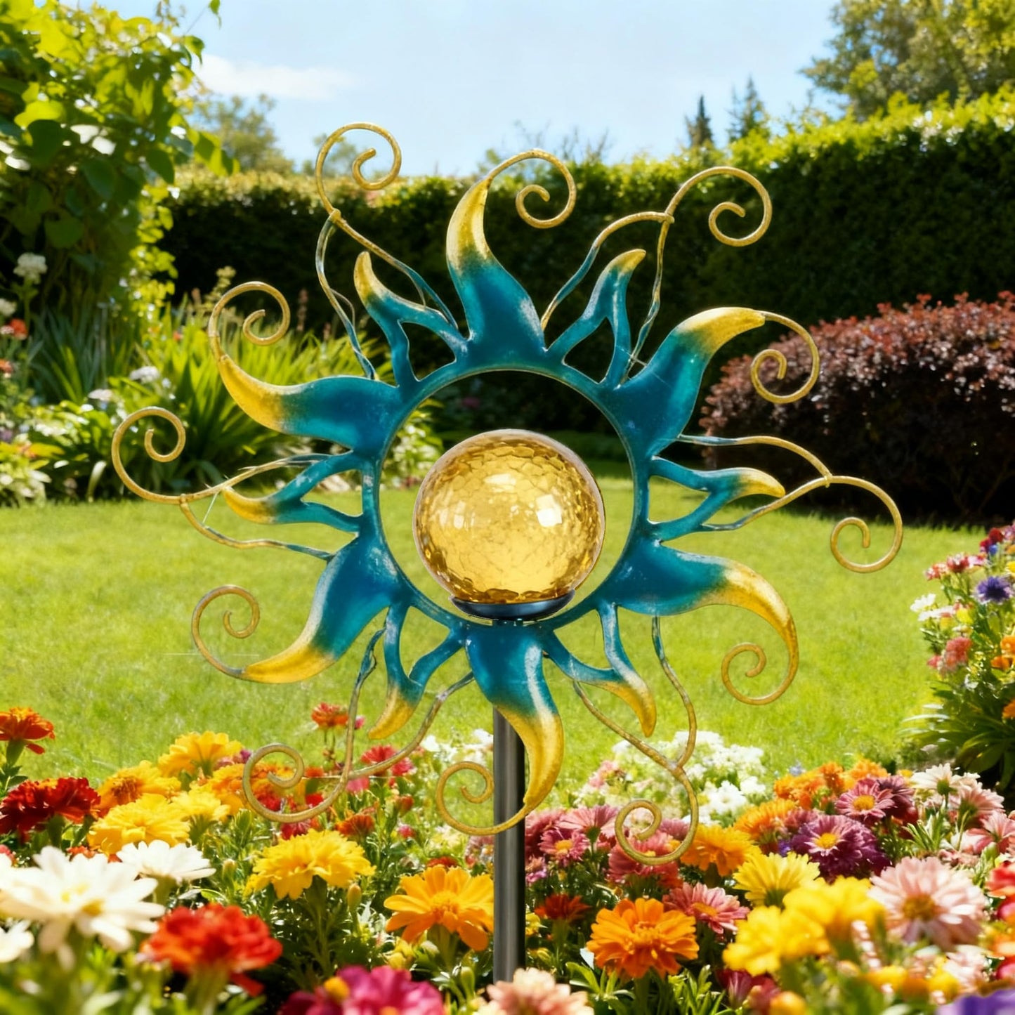 Solar Lights Outdoor Garden Decor, Blue Metal Sun Crackle Glass Globe Stake Waterproof 30LED Decorations Unique Gifts for Women,Mom,Outside, Patio,Lawn,Yard,Pathway
