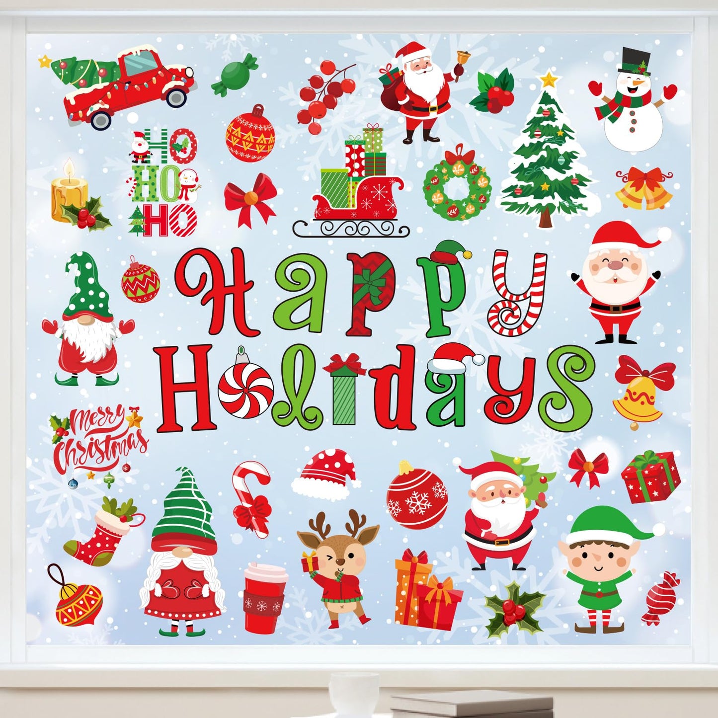 Whaline 9 Sheets Christmas Window Cling Stickers Xmas Santa Reindeer Cartoon Reusable Window Decals for Holiday Party Home Office Classroom Decoration
