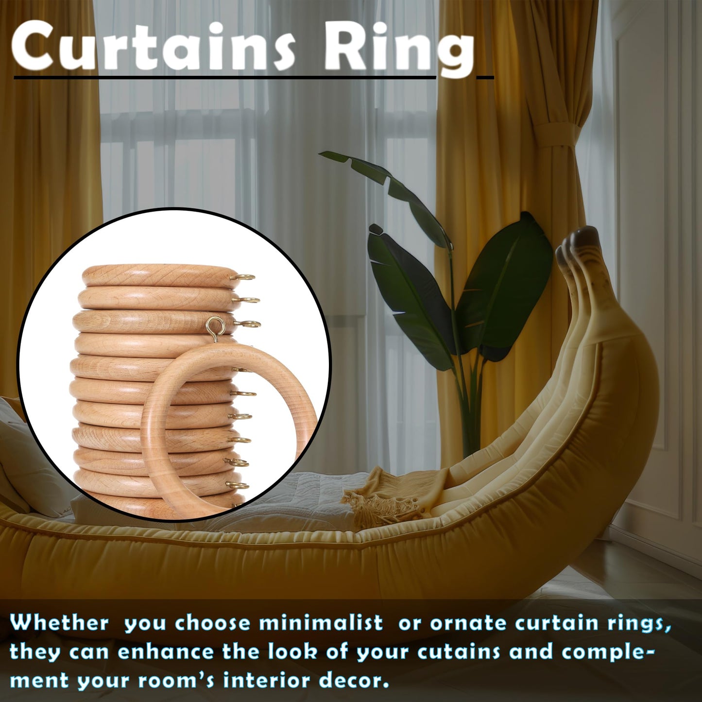 96 Pcs Wooden Drapery Curtain Rings with Metal Hooks – 3.5''Outer, 2.7" Inner Diameter – Beechwood Durable Wooden Drapery Rod Rings for 1-1.5 inch – Pack of 96
