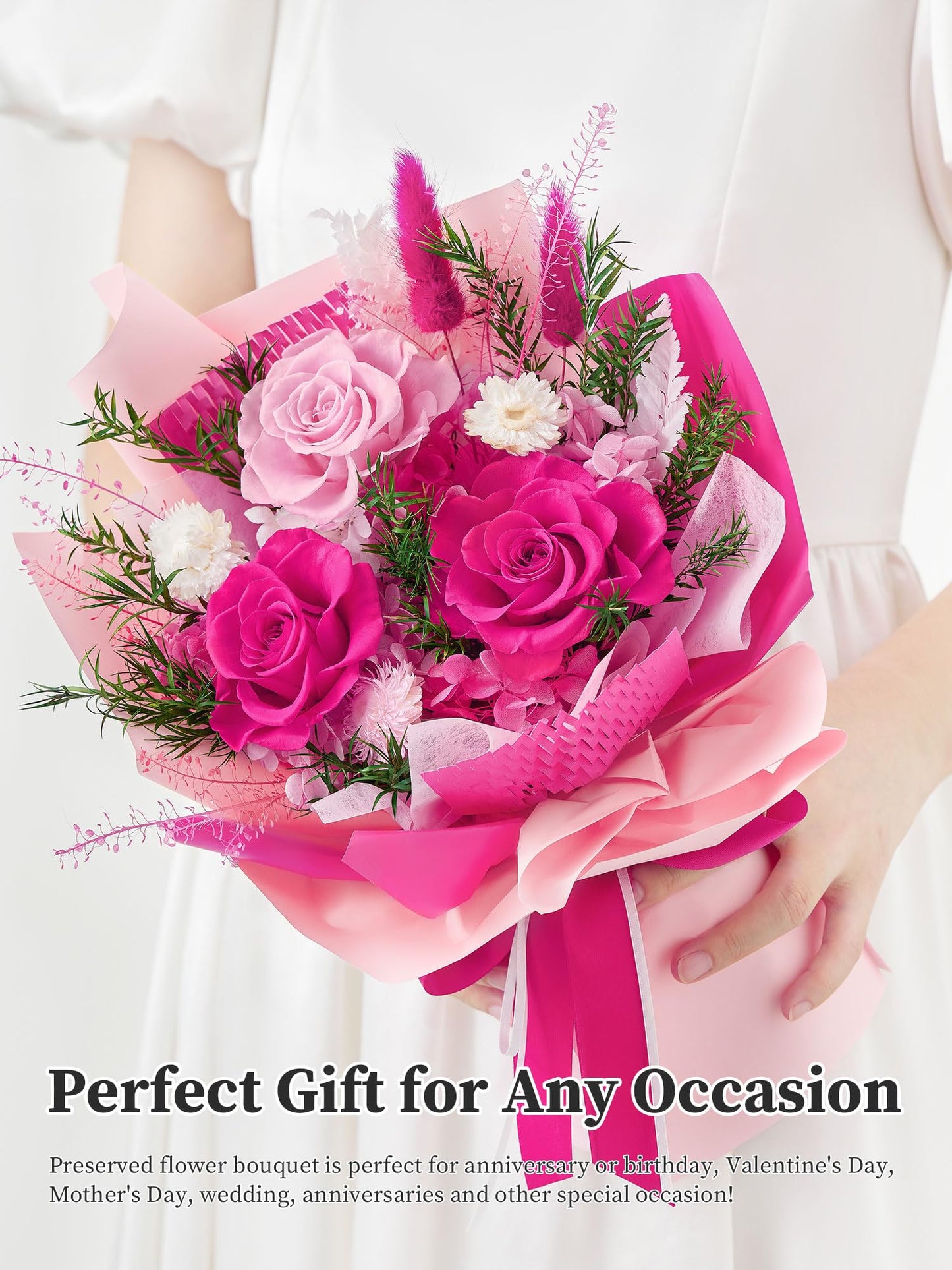 Flomoon Preserved Flowers Bouquet, Forever Flowers for Delivery, Mothers Day Long-Lasting Real Roses Bouquet, Anniversary Birthday Flowers Gifts for Mom Grandma Women Wife Her (Hot Pink)