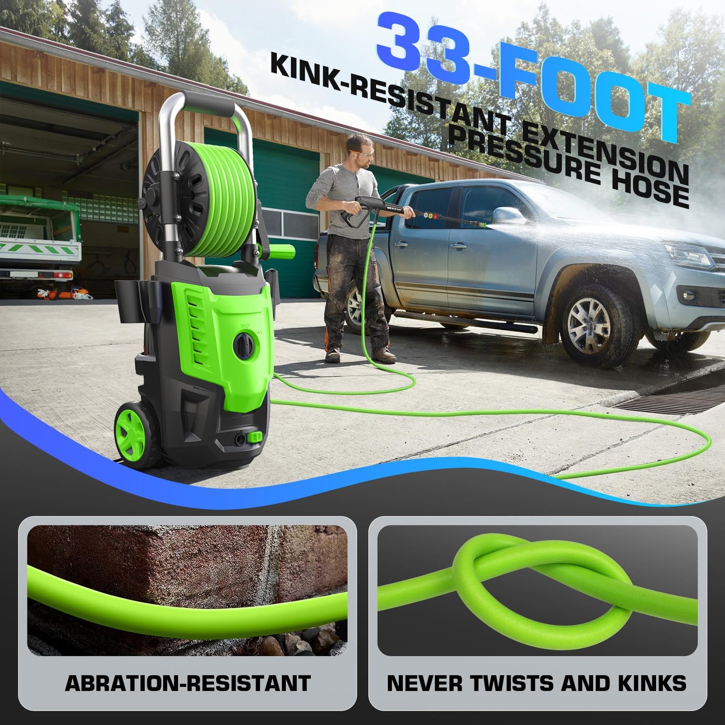 4800PSI Electric Pressure Washer- 3.8GPM High Power Washer with 33FT Hose Reel, 4 Spray Tips and Soap Bottle for Car Washing, Fence Cleaning, Patio Maintenance（Upgraded） (Green)
