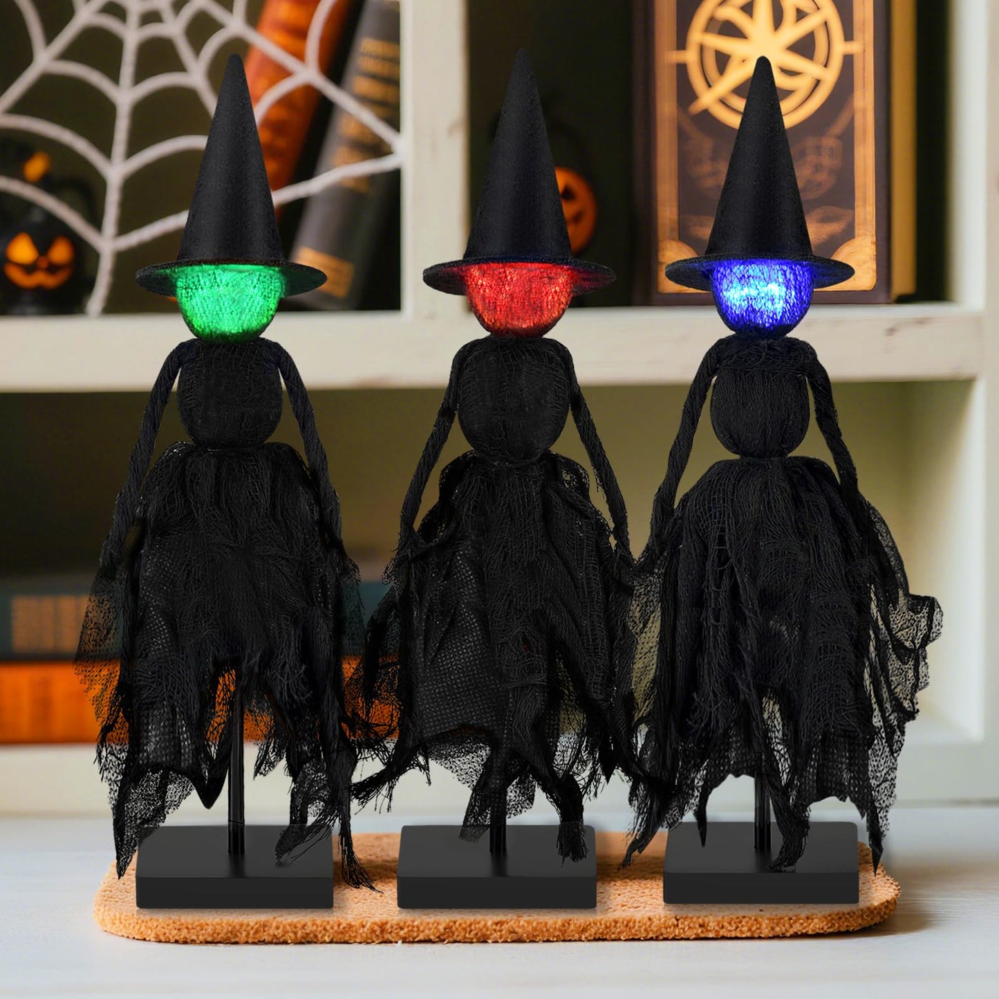 Halloween Decorations Indoor, Set of 3 Lighted Primitive Witch with Hat, Spooky Black Witches Figurines LED Lights Standing Table Decor Scary Table Centerpieces Tiered Tray Decor Shelves Mantels Home