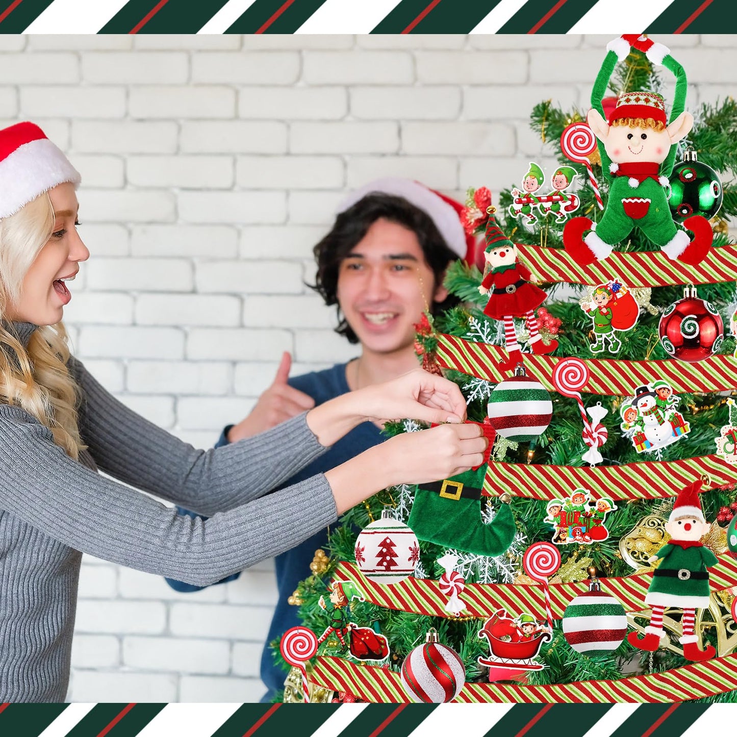 43 Pcs Elf Christmas Tree Decorations Elf Christmas Tree Hanging Ornaments Topper Candy Ball Pendant Red White Green Hanging Ornaments for Holiday Party Decoration