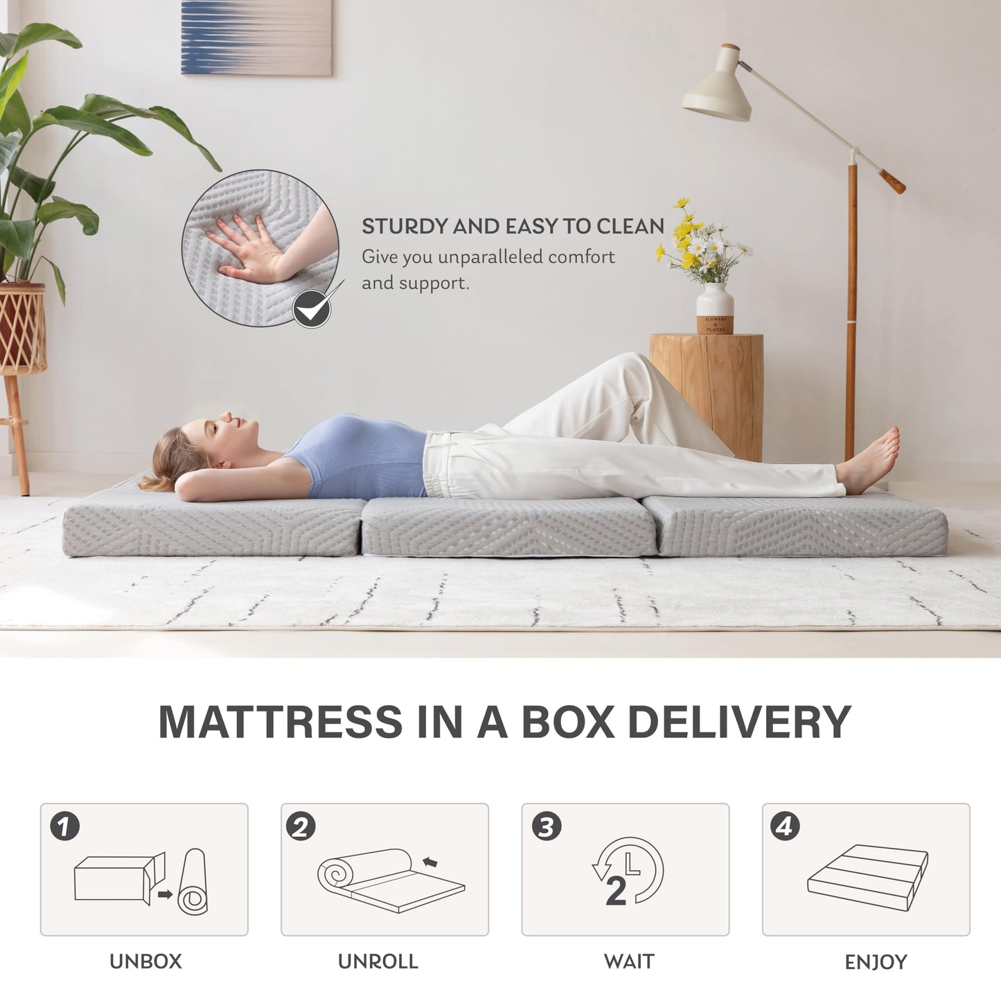 MLILY Tri-Fold Memory Foam Topper, 4 inch Single Folding Mattress Topper with Collapsible and Washable Cover, Travel and Guest Mat, 75"×25"×4", Grey