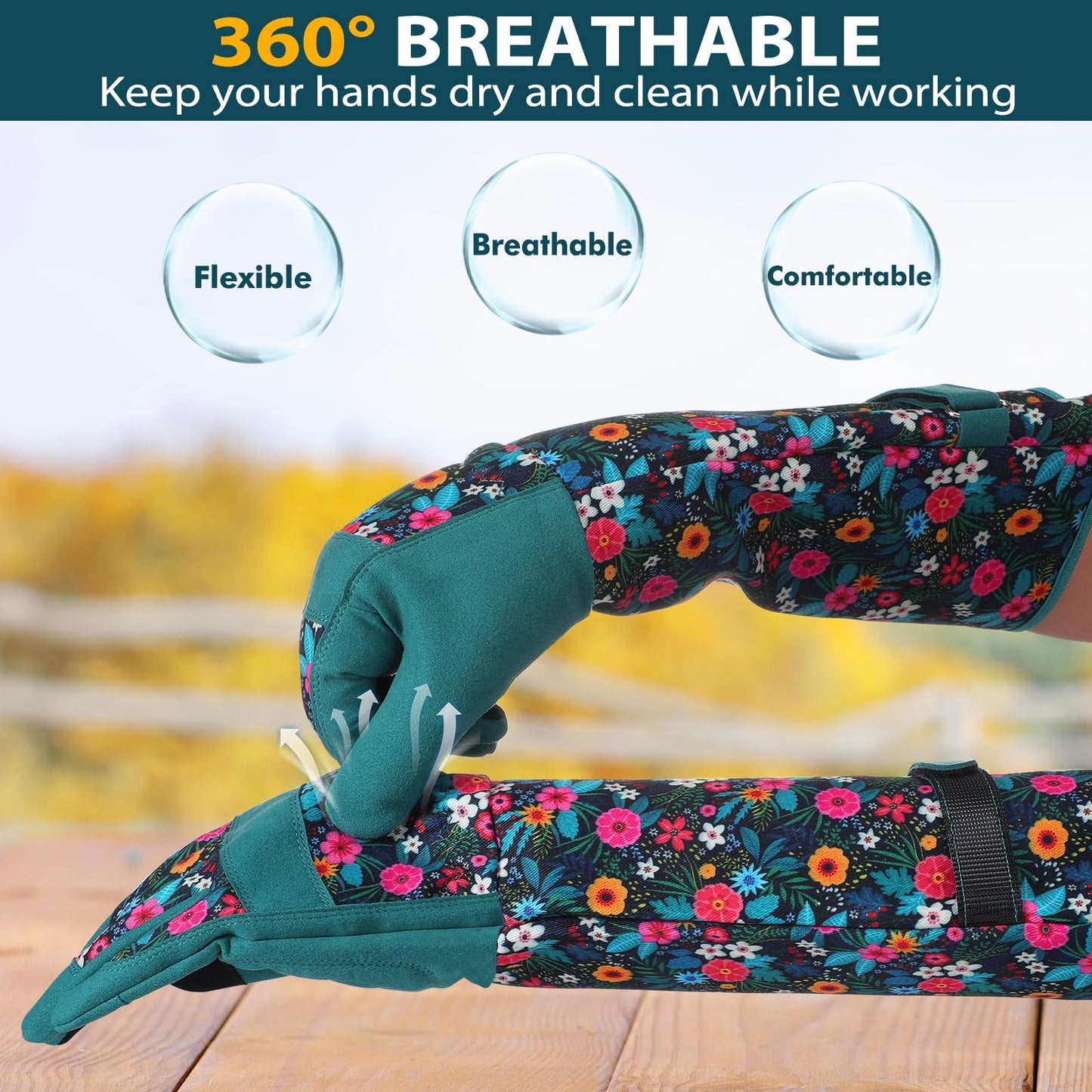Gardening Gloves for Women - Breathable Long Garden Gloves with Grip, Thorn-Proof Puncture-Resistant Leather Work Gloves for Yard and Outdoor Work, Protective Garden Gloves for Women, Green Flower