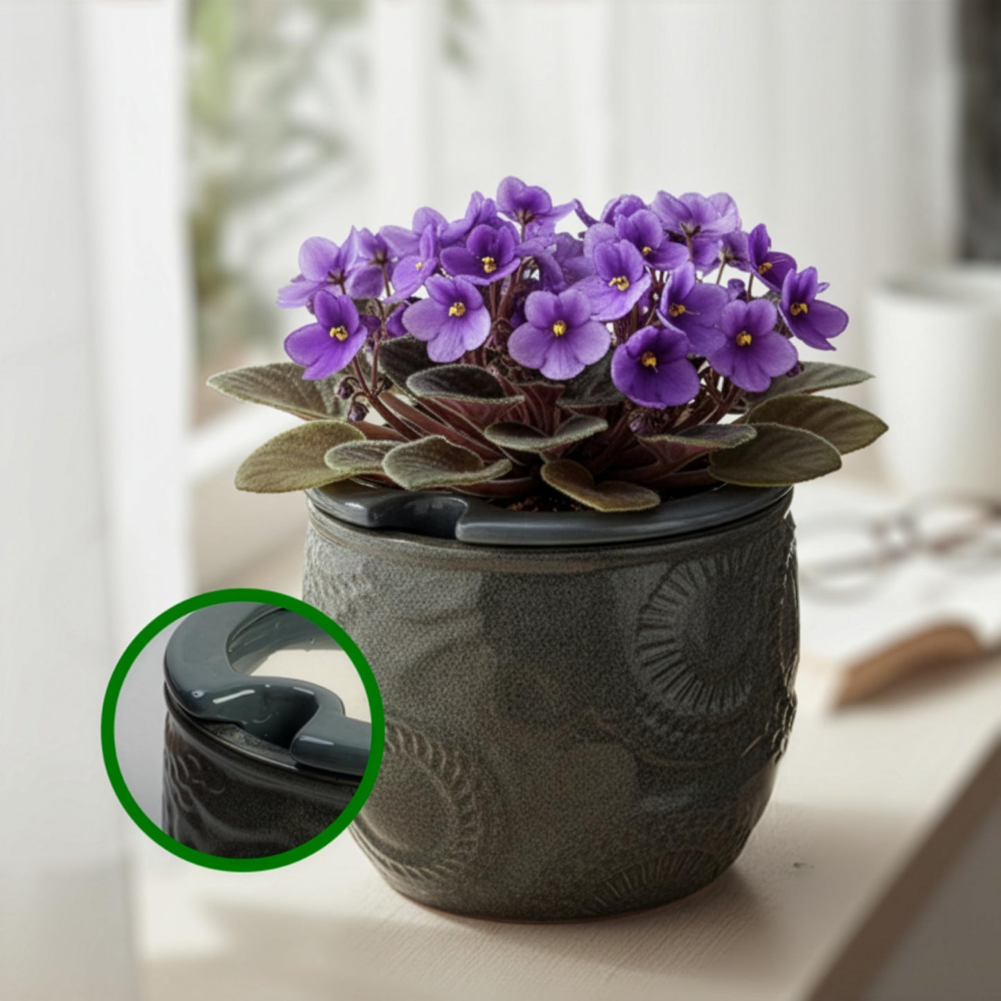 HERDUK 6.5” Ceramic Self Watering African Violet Planter with Embossed Floral Design – Durable Indoor Plant Pot for Orchids, Succulents, and Houseplants