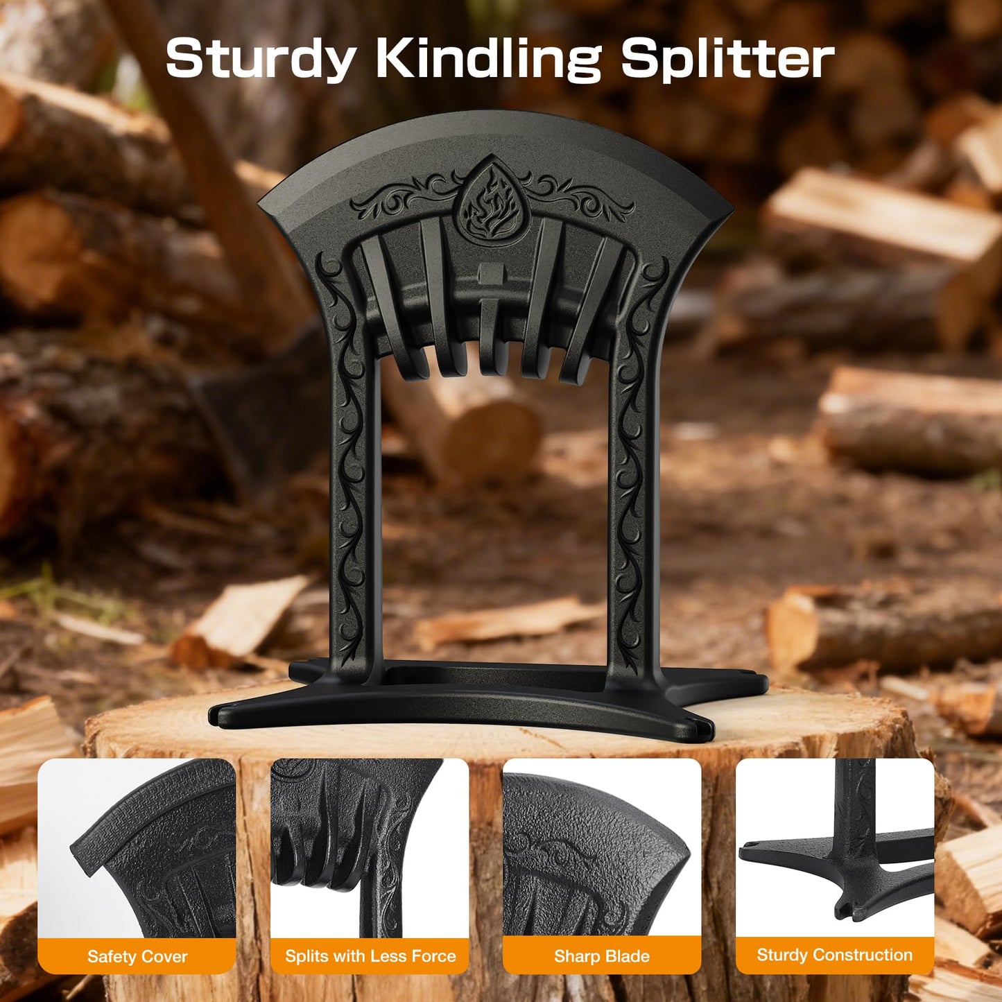 Poffattr Firewood Kindling Splitter for Wood, Heavy Duty Cast Iron Wood Splitters for Firewood with No Axe, Manual Log Splitter for Kindling Wedge Point with Safety Cover
