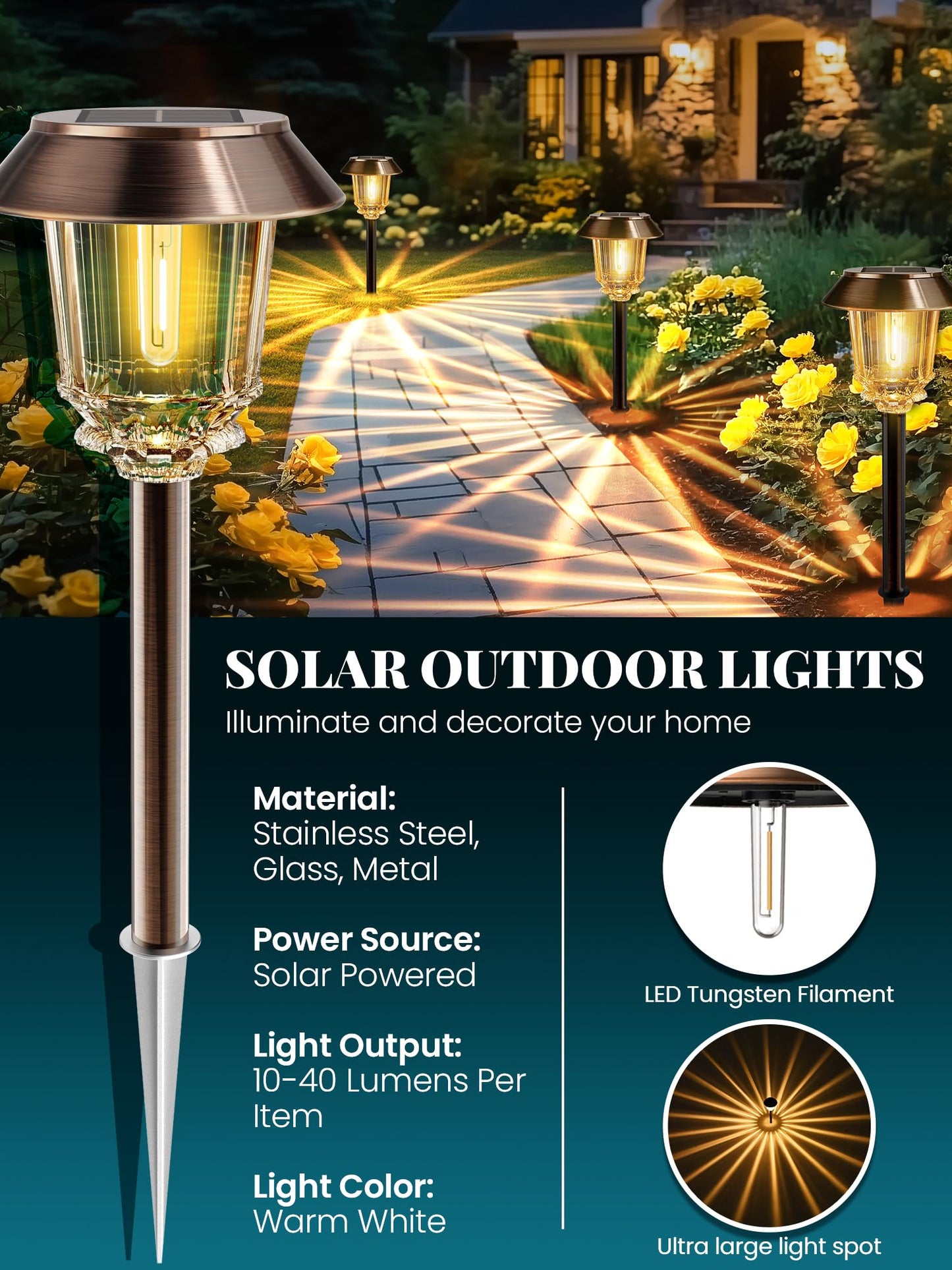 HMDecor Solar Lights Outdoor Waterproof,4 Pack Bronze Pathway Lights with 10-40 LM Dimmable Glass and Metal, Solar Powered Garden Fall Decor for Yard,Patio,Pathway,Driveway(Warm White)