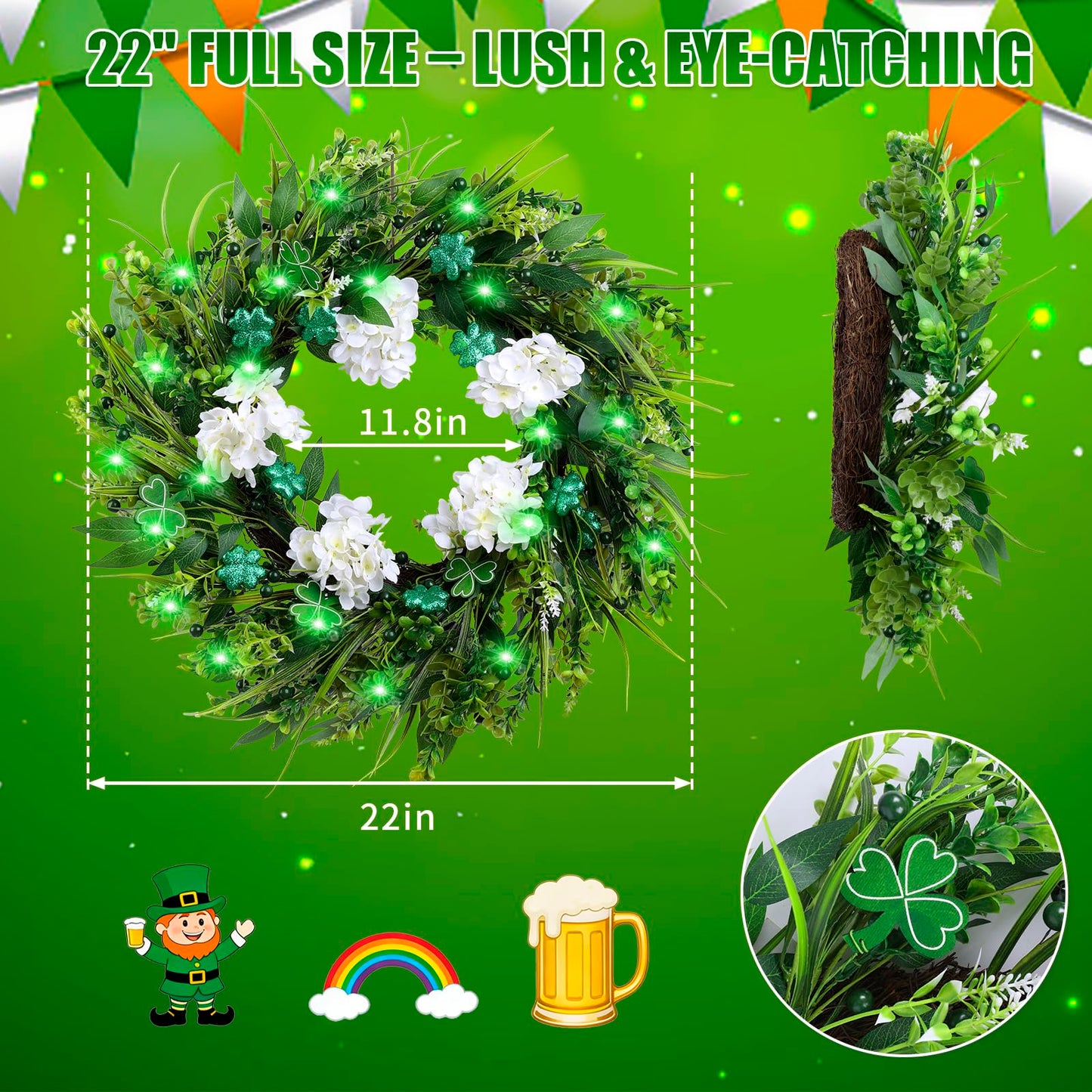 22" st Patricks Day Wreaths for Front Door, Green Shamrock & White Hydrangea Artificial Wreaths with LED Lights, Spring Holiday Wreath for Wall Window Porch Home Decor