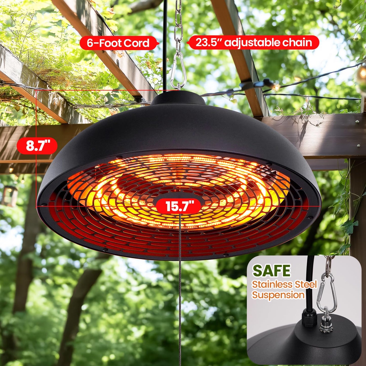 Hanging Outdoor Electric Heater, Infrared Patio Heaters for Outdoor Indoor Use, Ceiling Garage Heater with 3 Adjustable Modes 600W/900W/1500W. BLACK