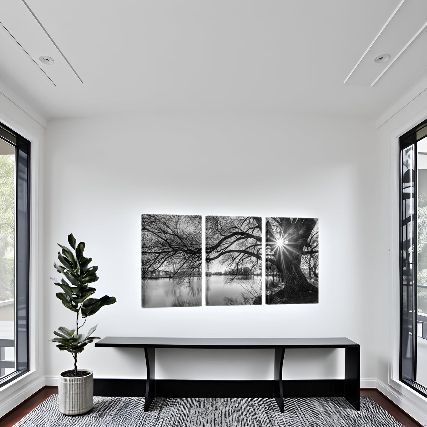 sechars - Canvas Prints Wall Art Black and White Tree in Sunrise Canvas Wall Art Lake Landscape Picture Giclee Print on Canvas Framed and Ready to Hang Modern Home Ofiice Wall Decor - 48"x24"overal