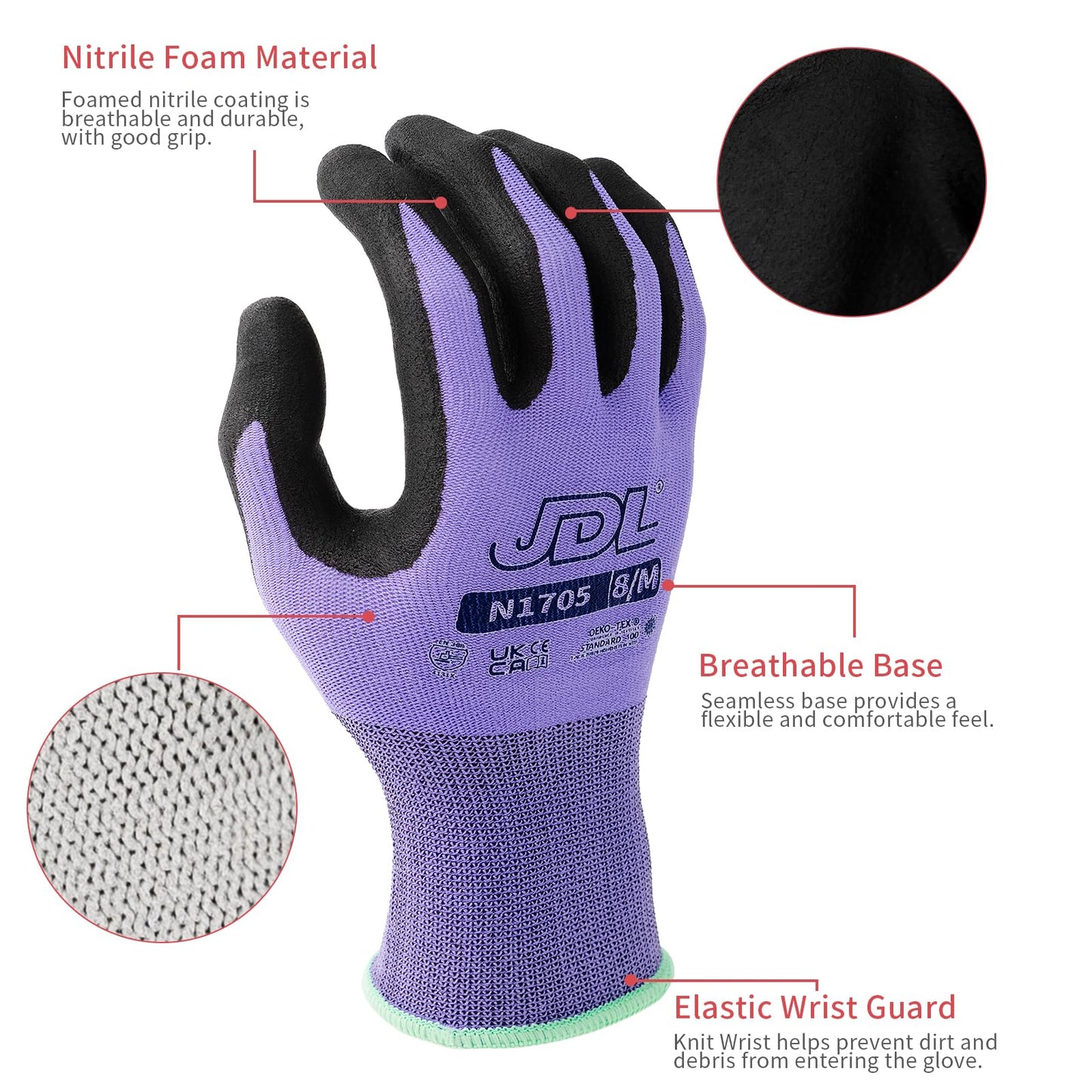 JDL 3 Pairs Microfoam Nitrile-Coated Nylon Work Gloves for Women & Men, Touchscreen Safety Gloves, Lightweight & Breathable with Durable Grip for Construction, Warehouse, Mechanics, Purple, Large