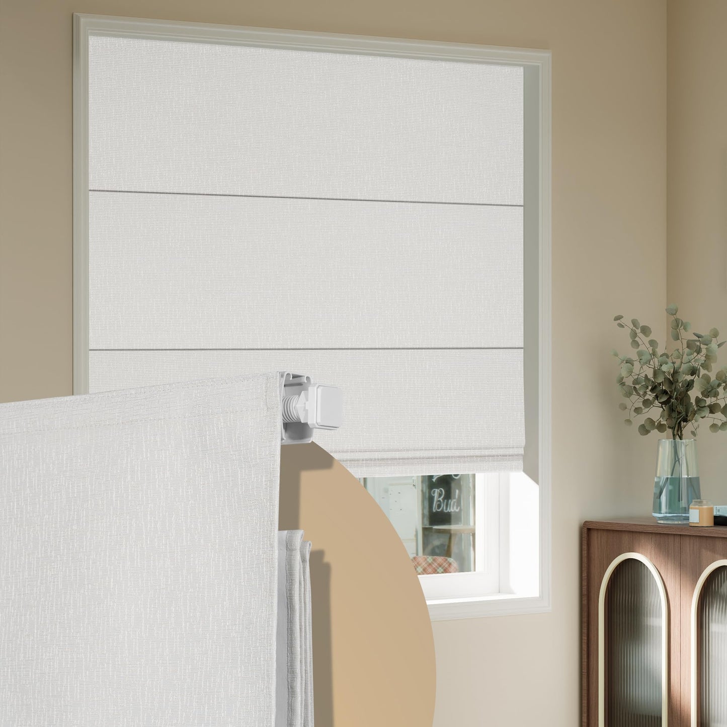 Boolegon No Drill Cordless Roman Shades for Windows, No Fray Blackout Roman Blinds No Tools, Easy Install for Indoor Windows,Living Room,Bathroom, Bedroom, White, Custom Size