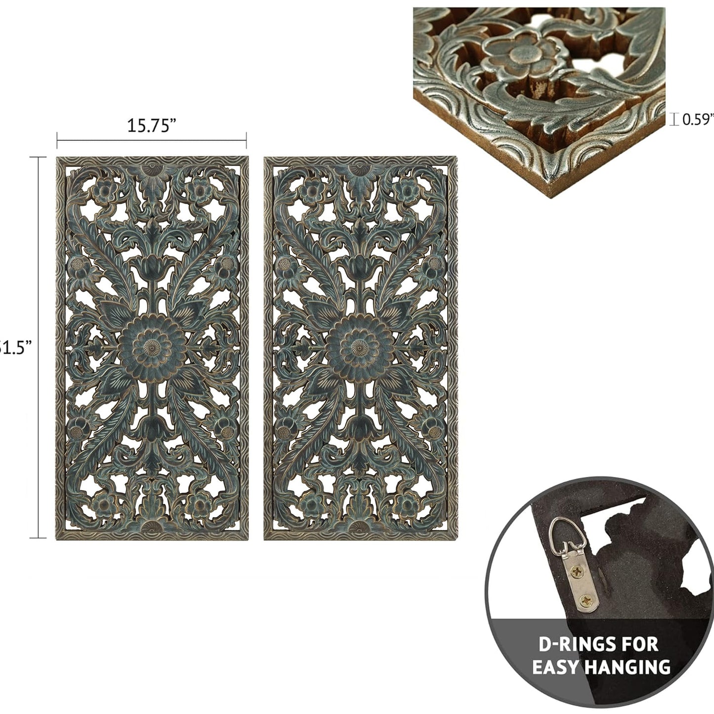 Madison Park Wall Art Living Room Décor - Floral Antiqued Wooden Carving Wall Decor Panel, Copper Embellished, Ready to Hang Wall Decor for Bedroom, 15.75"W x 31.5"L x 0.59"D, Patina Blue, 2 Piece