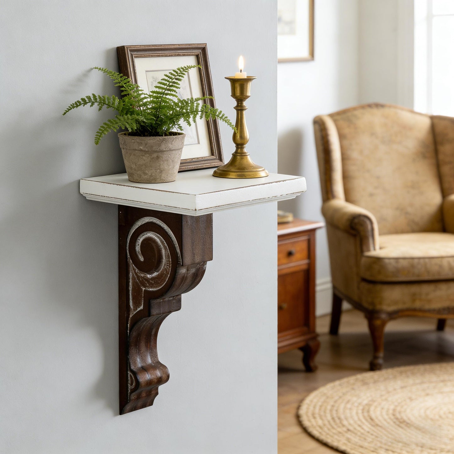 SOFE Small Wood Floating Shelf 12 Inches Tall, Farmhouse Wood Shelf for Wall, Decorative Rustic Candle Holder Shelf, White & Brown, Living Room, Bedroom, Dining Room Decor