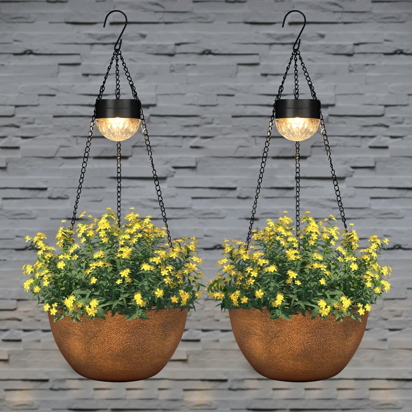 BAYN 2 Packs Solar Hanging Basket Planters for Plants Outdoor, Self Watering Bronze Flower Plants Pots with Solar Light Drainer for Balcony Patio Garden Outdoor Decoration