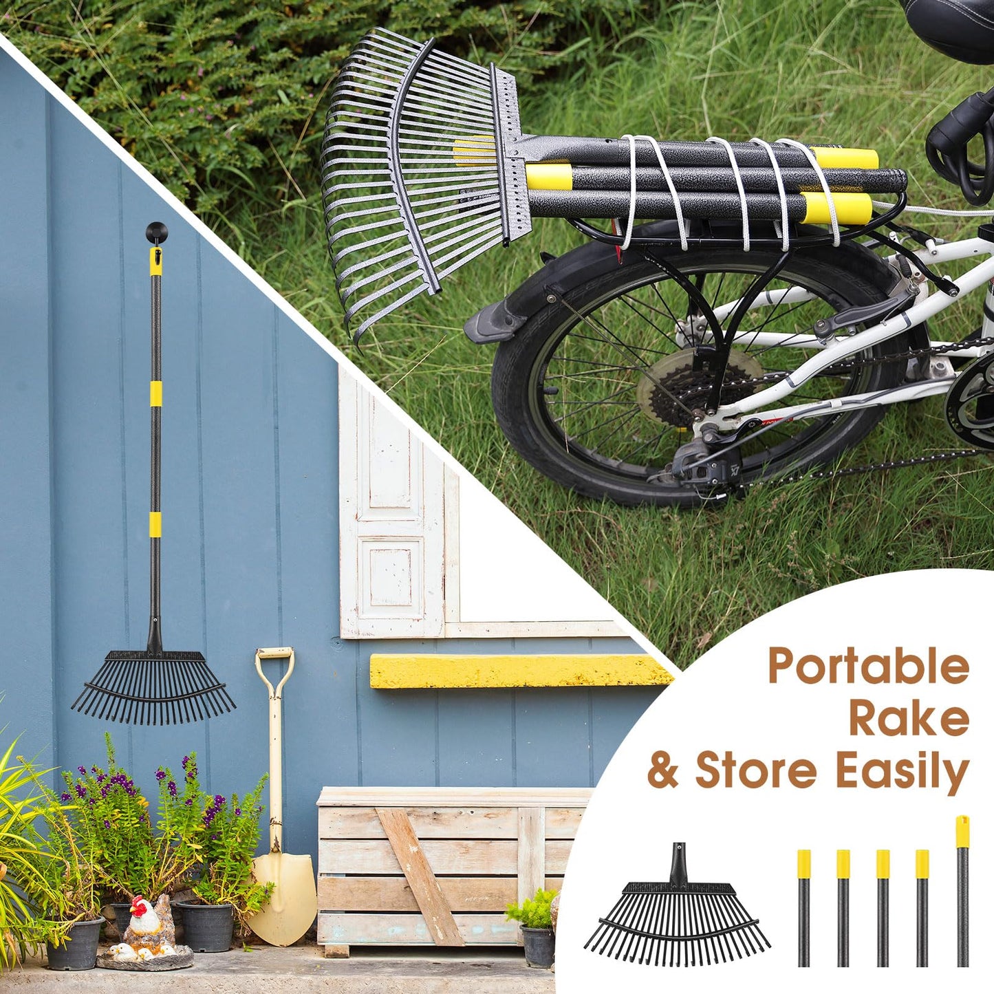 Leaf Rake 18” Wide Heavy Duty Metal 25 Tines Garden Rake Set with 30-75” Adjustable Long Handle for Yard Grass Shrub Mulch Including 32Gallon Garden Bag Leaf Scoops