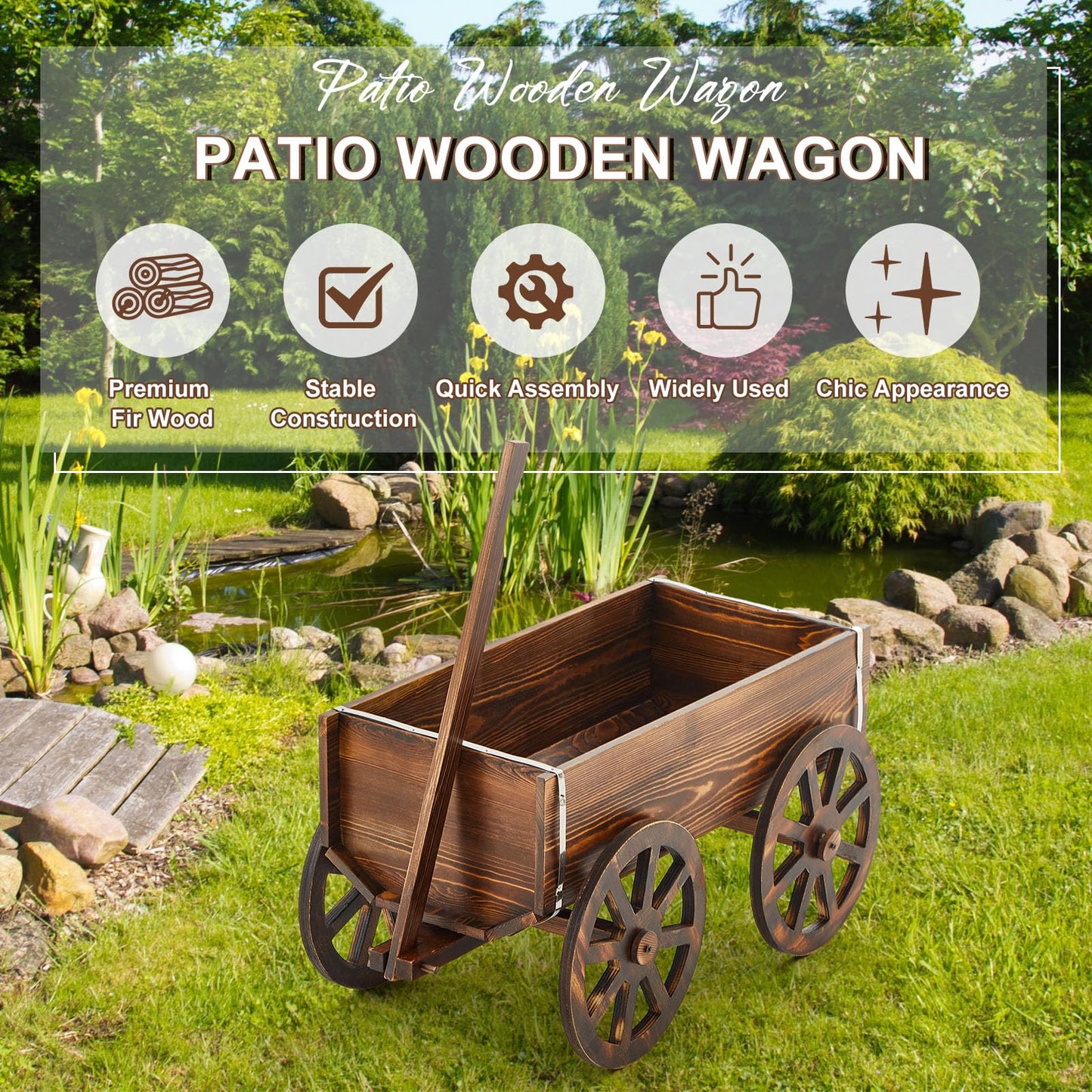 Beeveer Wooden Wagon Flower Planter Cart Garden Planter Box with Wagon Wheels Cart for Home Garden Outdoor Balcony Decorative, Patio Flowers Herbs Vegetables, Brown 34 x 23.5(Small Classic)