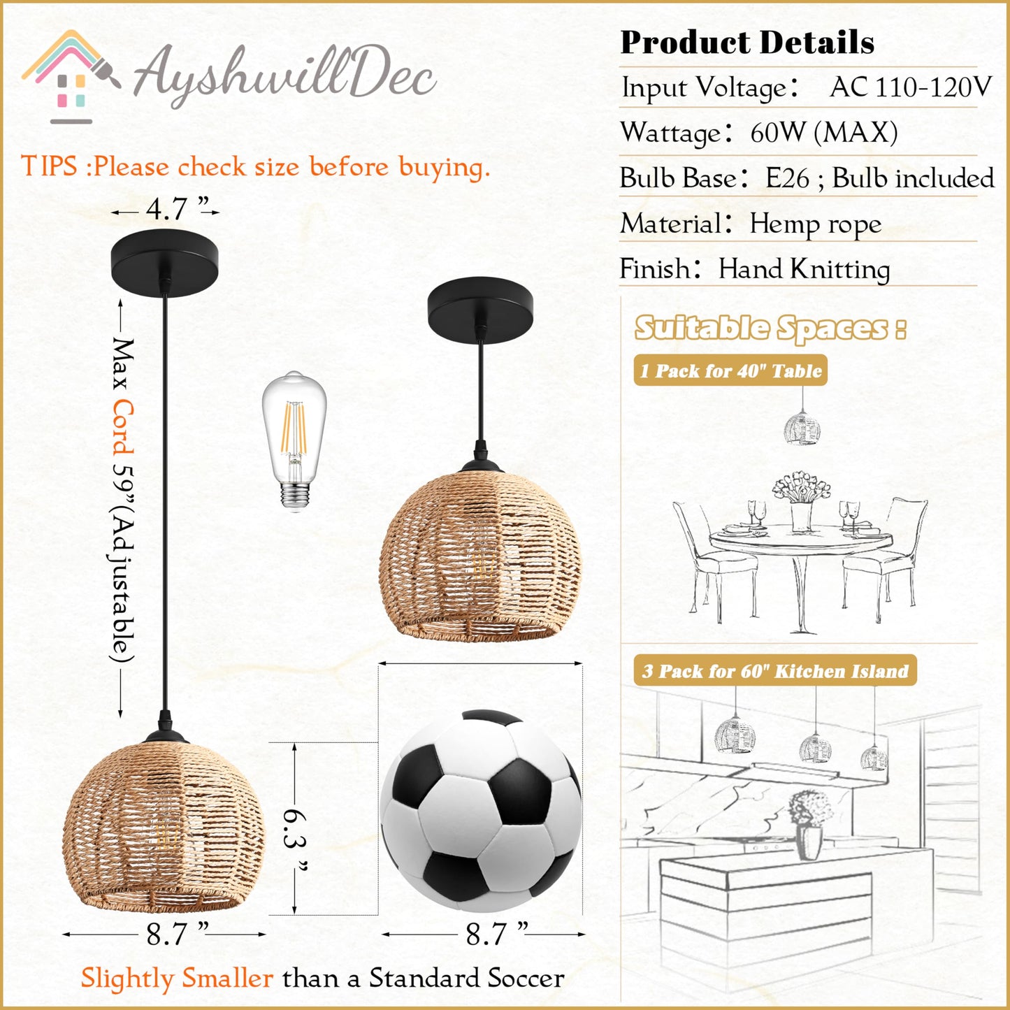 AyshwillDec Mini Hemp Rope Woven Pendant Light Woven Light Fixture Boho Chandelier Light Fixture Wicker Pendant Light Rattan Light Pendant Dome Wicker Chandelier for Bedroom Kitchen Island(Bulb Incl.)