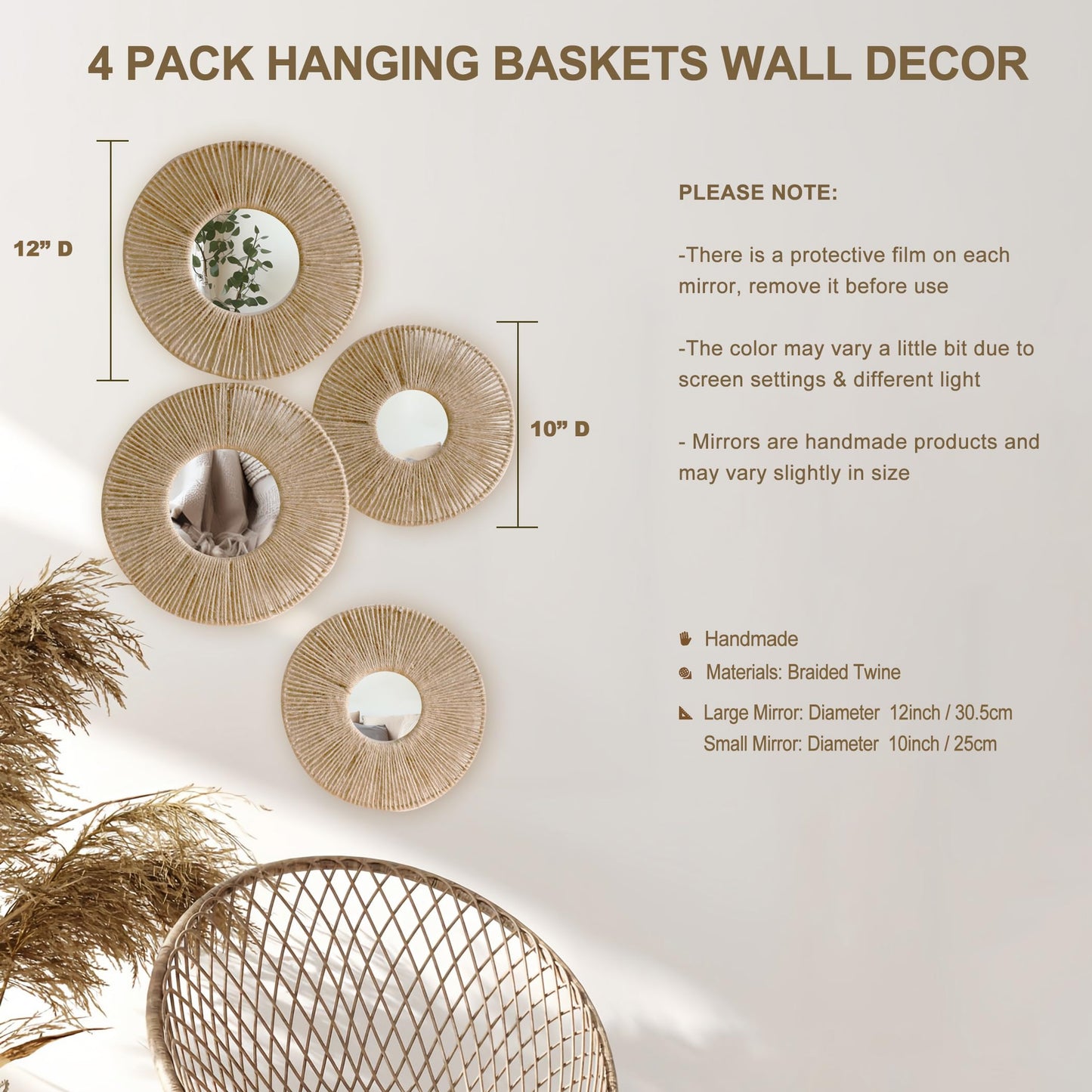 Artilady 4 Pack Hanging Baskets Wall Art - Decorative Woven Wicker Basket Boho Wall Hanging, Rustic Round Mirrors Natural Jute Home Decor Set for Bedroom Living Room Nursery