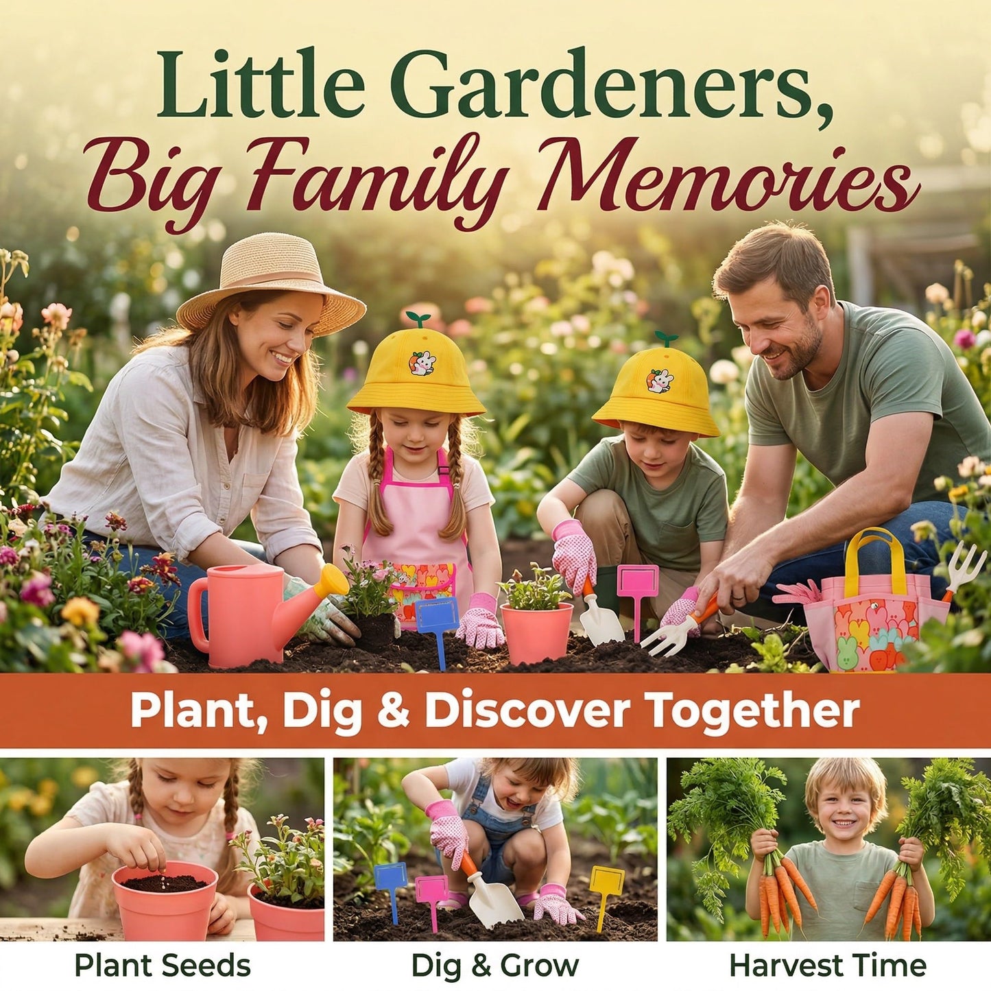 Kids Gardening Outdoor Tools Set with Adorable Sun Protective Hat & Bunny Apron, Carrot-Shaped Shovel Rake Trowel, Garden Kit for Toddlers Ages 3-8, Spring Birthday Gift