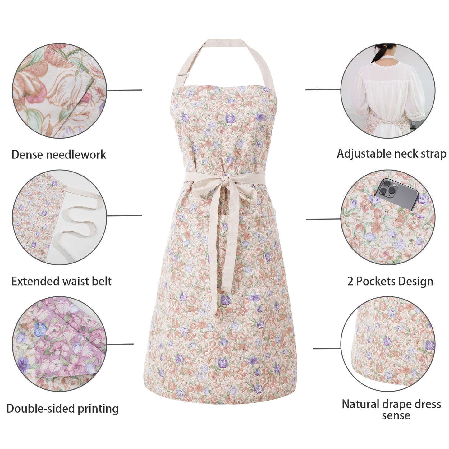 Aoomzoon Kitchen Aprons for Women with 2 Pockets,Double Sided Vintage Adjustable Apron for Gardening Cooking Arting Painting (Brown/Pink Flowers)
