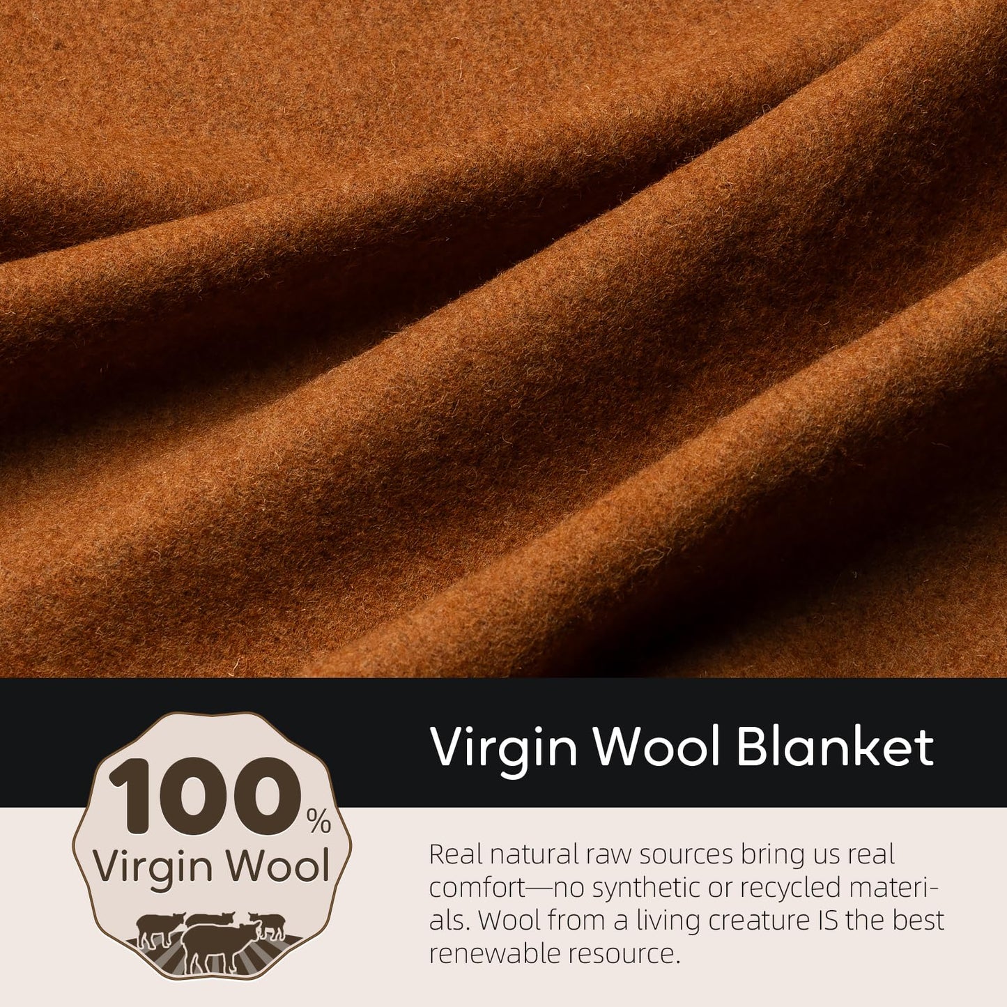 Molithe 100% Wool Blanket, 62" x 86", Warm, Thick, Washable, Military Wool Blanket, Great for Camping, Outdoors, Sporting Events, Survival Kits, Dark Camel