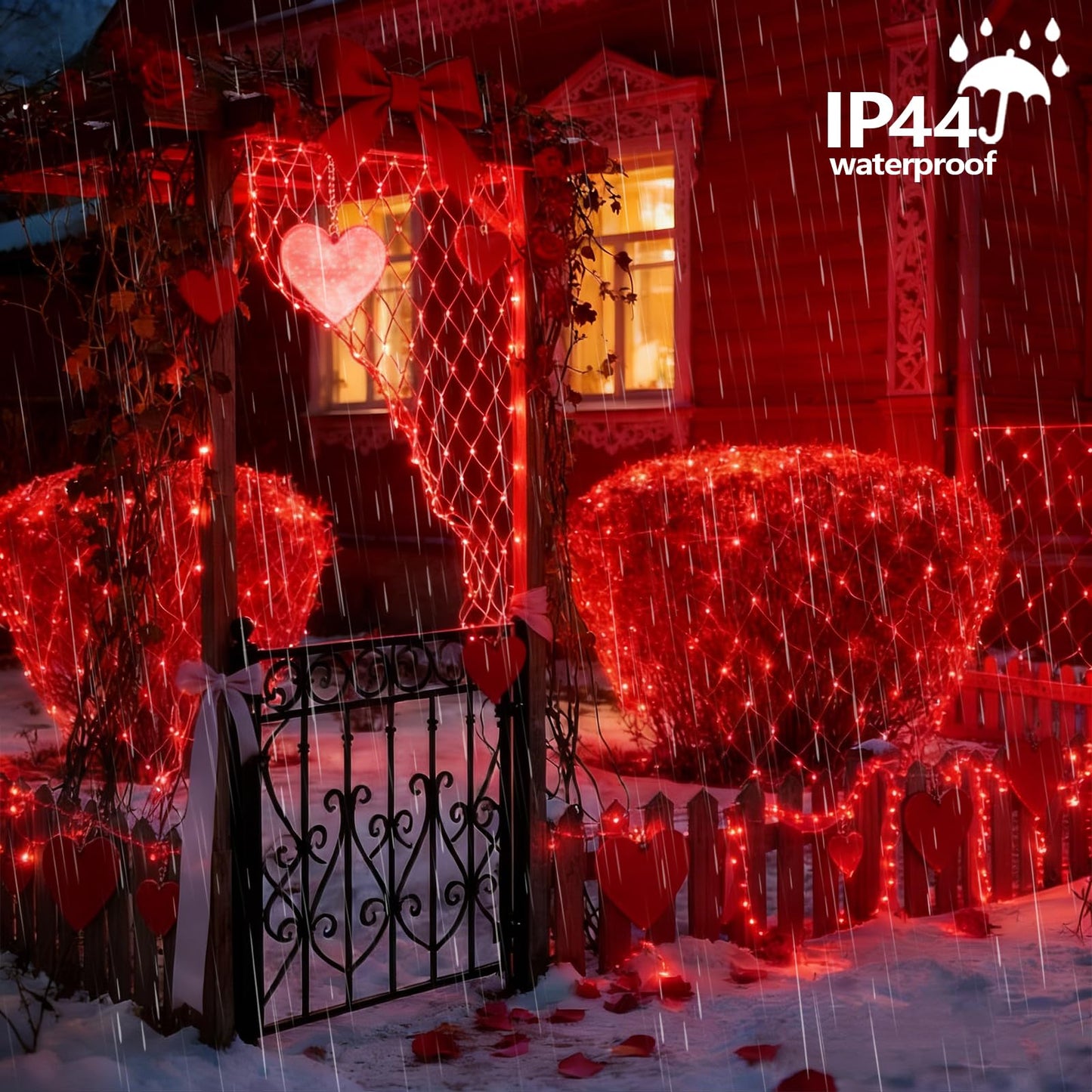 YEGUO Net Lights Outdoor Mesh Lights, 12ft x 5ft 360 LED Red Valentine‘s Day Light Outdoor Waterproof, 8 Modes Connectable Clear Wire Christmas Bush Light Plug in