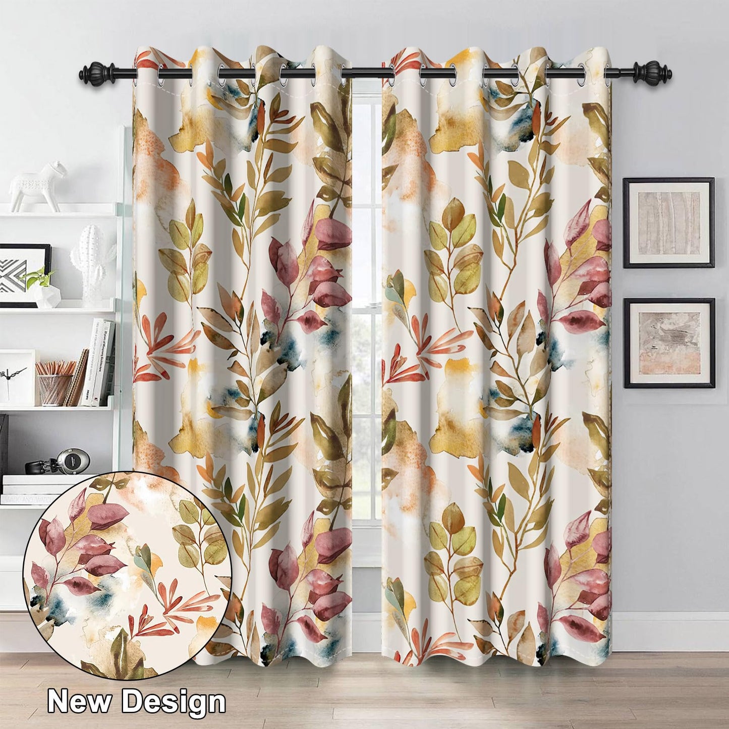 Renaiss Printed Decorative Curtains for Living Room Modern Beige Leaves Pattern Window Drapes & Curtains 2 Panels Set, Thermal Insulated Fabric Room Darkening Curtains Pretty Home Decor 53" W x 84" L