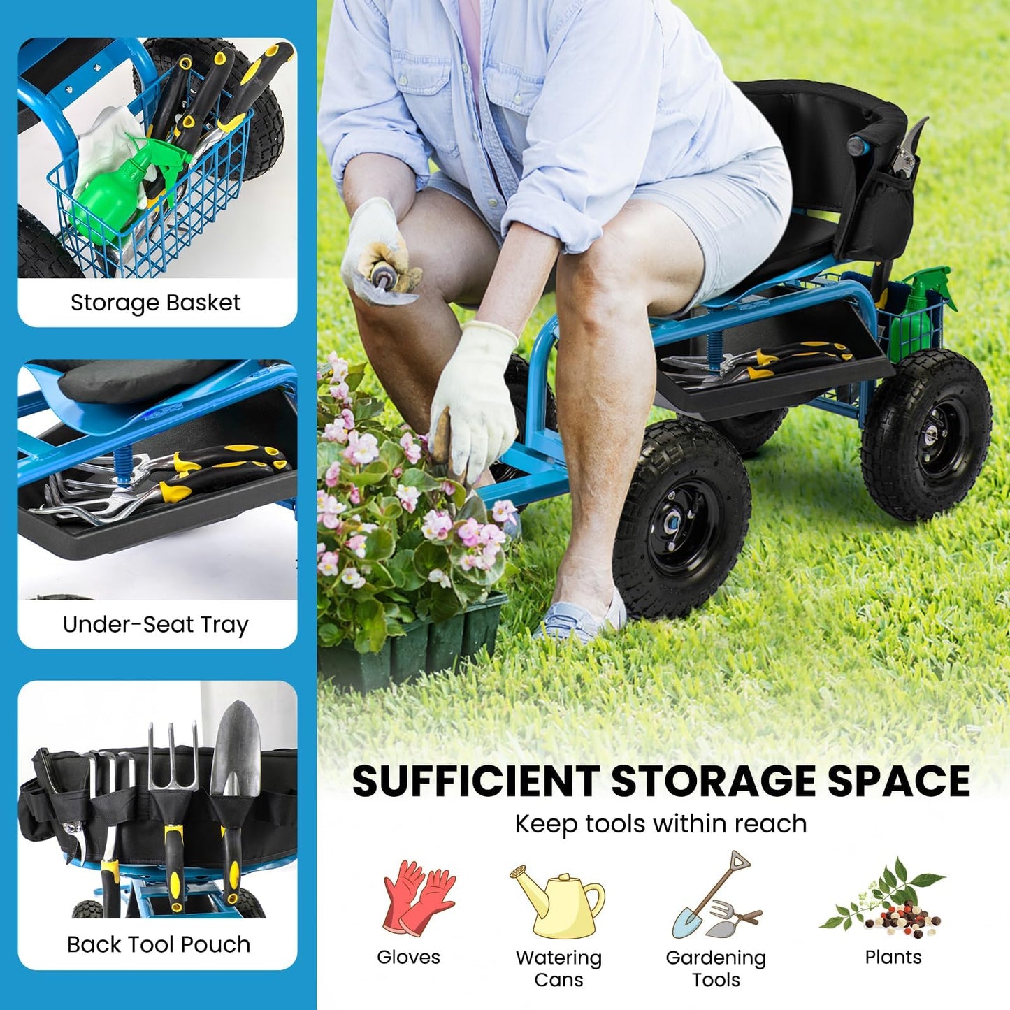 ERGOMASTER Rolling Garden Seat with Wheels, Adjustable 360° Swivel Workseat and Storage Basket, Extendable Handle, Outdoor Gardening Wagon Scooter, Blue