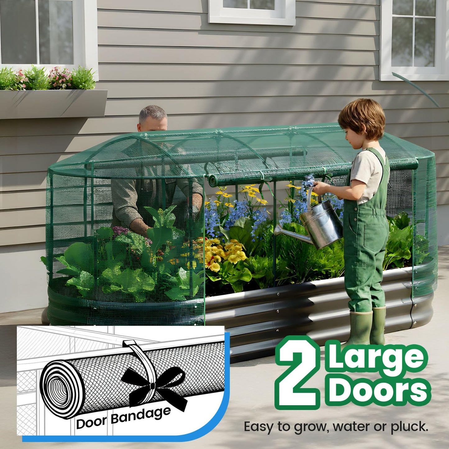 Quictent Galvanized Raised Garden Bed Kit with Self Watering System and Mesh Cover, Large Oval Metal Outdoor Planter Garden Boxes for Vegetables Herbs Flowers, 8x3x1Ft