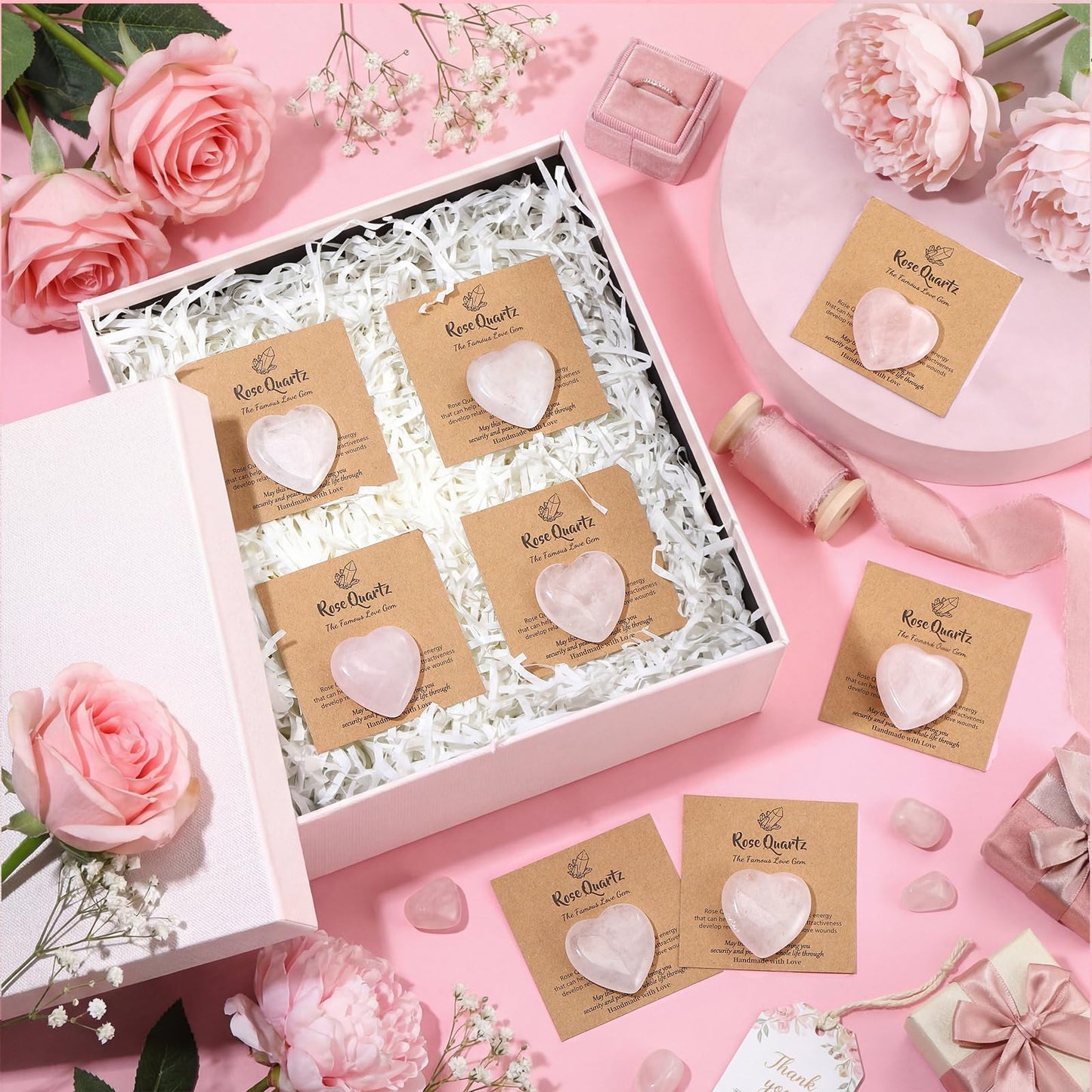 YooNotee 32 Pack 1.2 Inch Rose Quartz Heart Crystal Pink Heart Shaped Stones Gift Set Bulk 16 Pcs Crystal Gemstone Crystals Rock with 16 Pcs Cards for Men Women