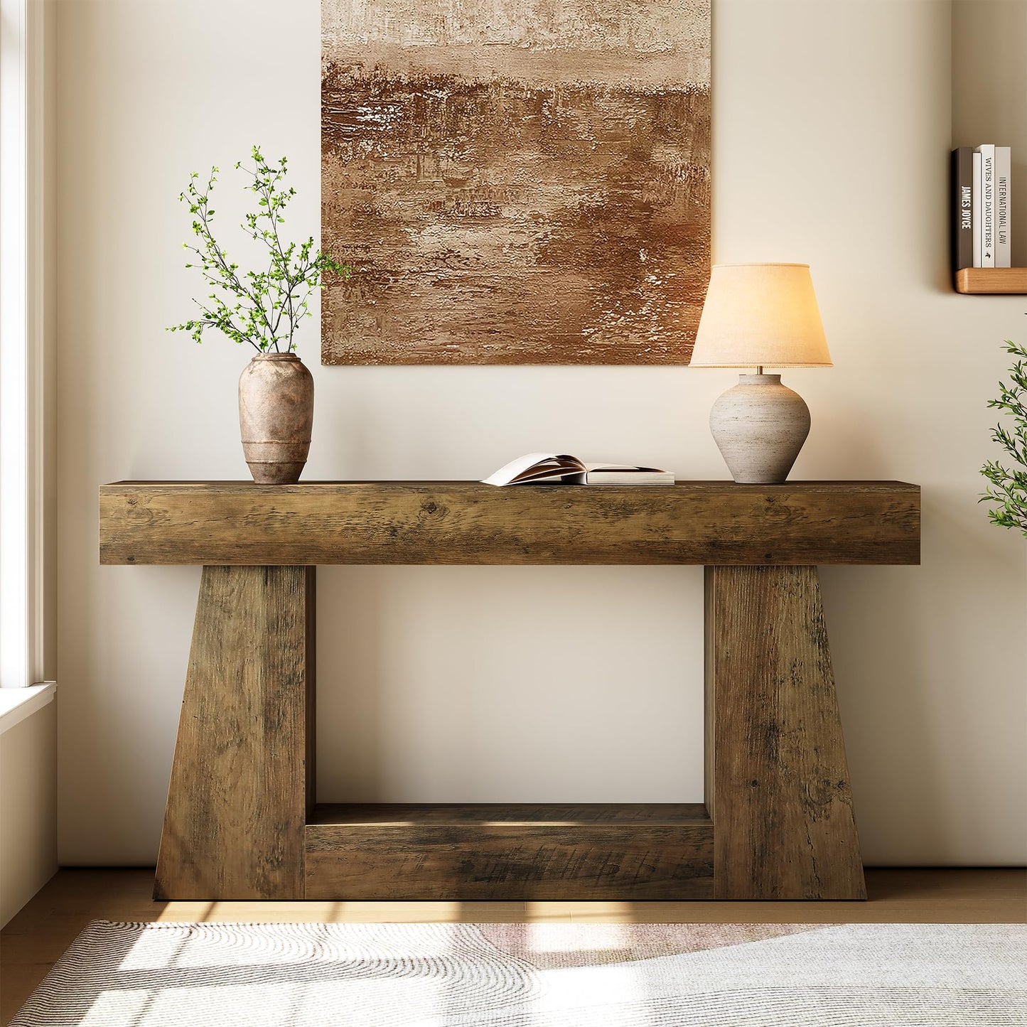 LITTLE TREE 63" Farmhouse Console Table with Storage, Rustic Sofa Table for Entryway, Narrow Long Sofa Table Behind Couch, Console Table for Living Room, Hallway—Versatile Storage Solution, Oak