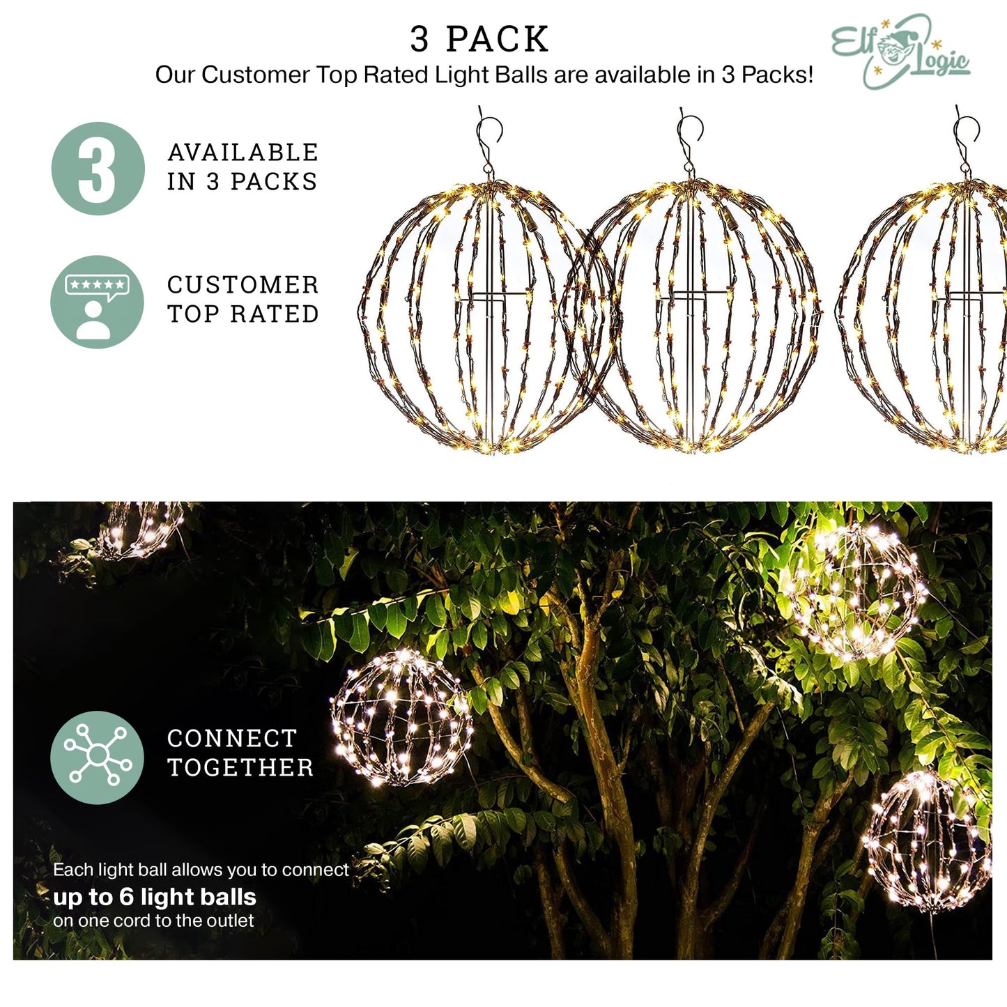 Elf Logic 3 Pack 16” Outdoor/Indoor LED Christmas Light Balls. Durable, Waterproof, Long-Lasting, Lightweight Bright Light Ball. Warm LED Lights for Holiday Decor, Patio, Wedding Decor