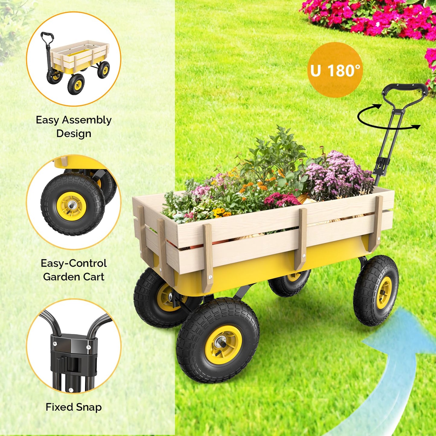 VINGLI Steel Garden Wagon Cart on Wheels, 330lb Load Capacity, Removable Heavy Duty Wooden Side Panels, with Extendable Handle and 10inch All-Terrain Tires, Wheelbarrow for Yard Landscaping (Yellow)