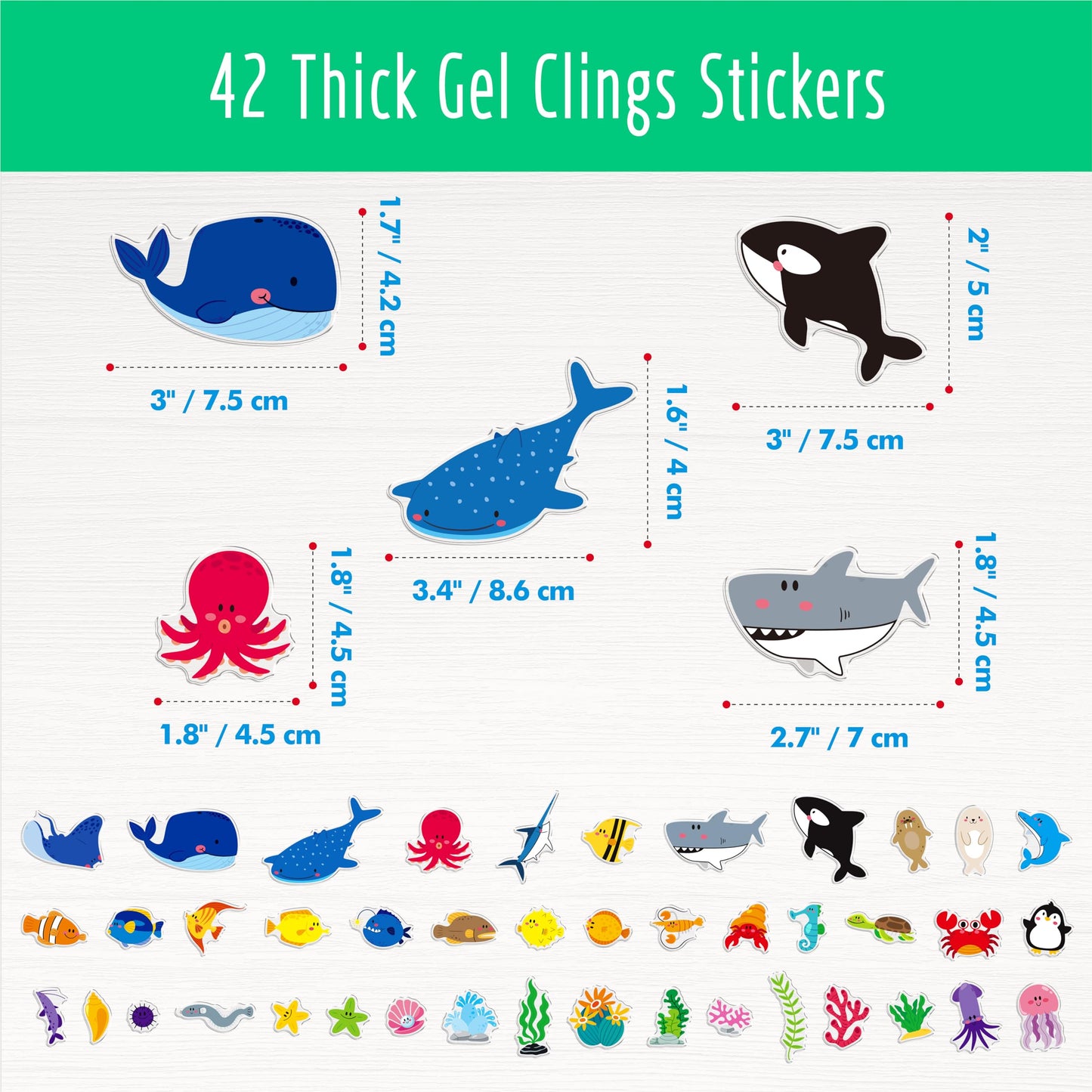 42PCS Marine Animal Jelly Stickers, Thick Window Door Clings Removable Reusable Gel Clings Decals for Kids Toddlers Adults Home Classroom Nursery Animal Party Supplies Decorations (Not Edible)