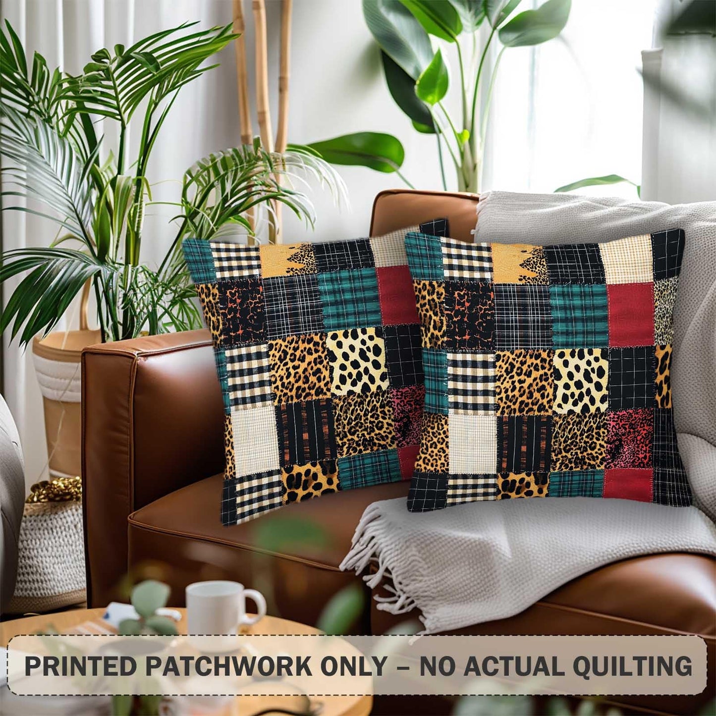 ZibZorp Patchwork Plaid Leopard Pillow Covers 18x18 Set of 2 | Rustic Decorative Cushion Cases | Mixed Pattern Pillowcases | Eclectic Throw Covers for Sofa Living Room Bedroom Decor