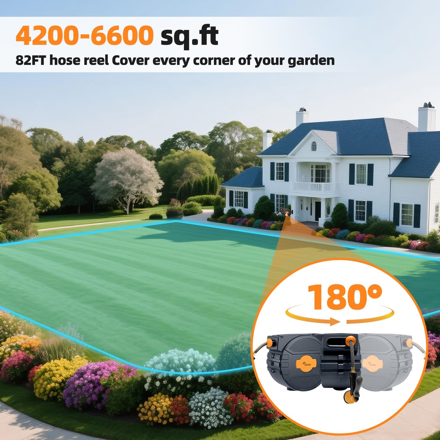 Retractable Garden Hose Reel 1/2 in x82 ft, Garden Water Hose Reel with 7- Function Sprayer Nozzle, Any Length Lock/Automatic Slow Return System,180° Swivel Bracket