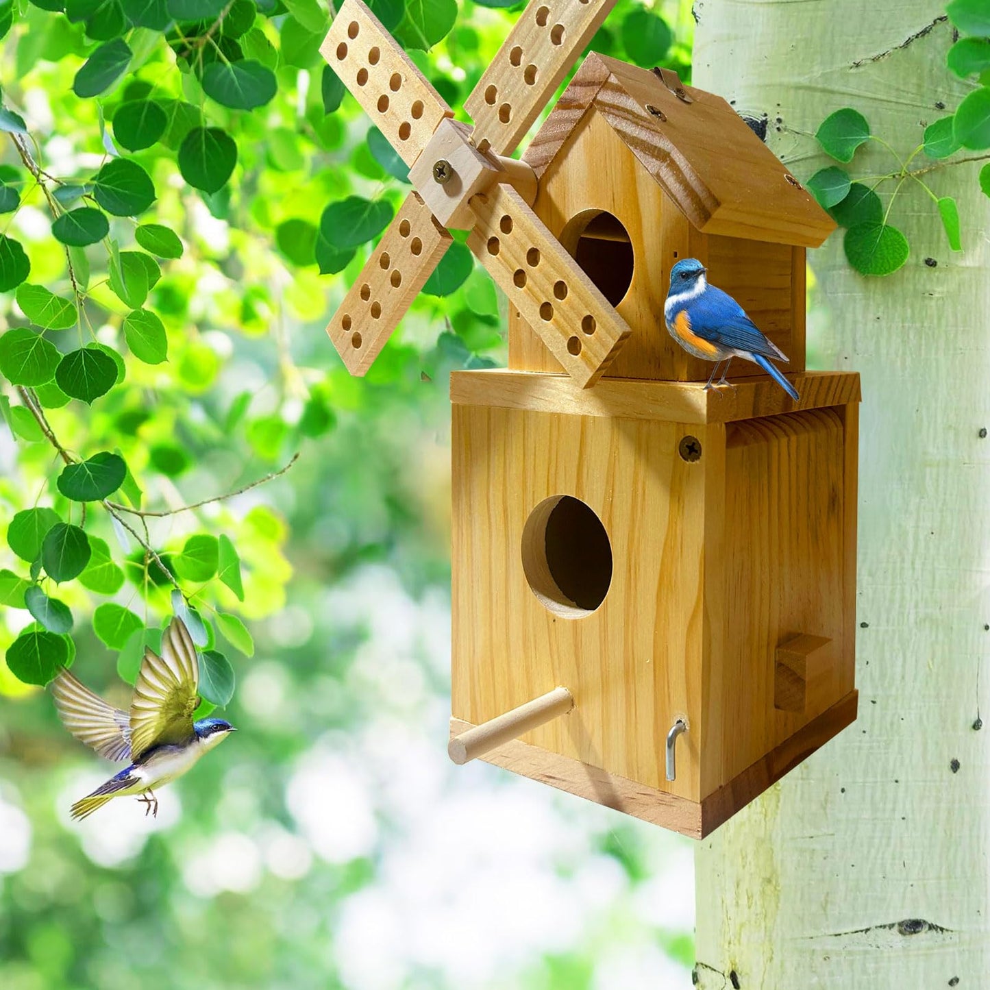 Whesamy Wood Bird House, Hanging Windmill Bird Houses for Outside, Cedar Birdhouse Outdoors for Robin Budgie Swallow Little Sparrow Finch Throstle, Bluebird Houses for Outside, Assembly Required