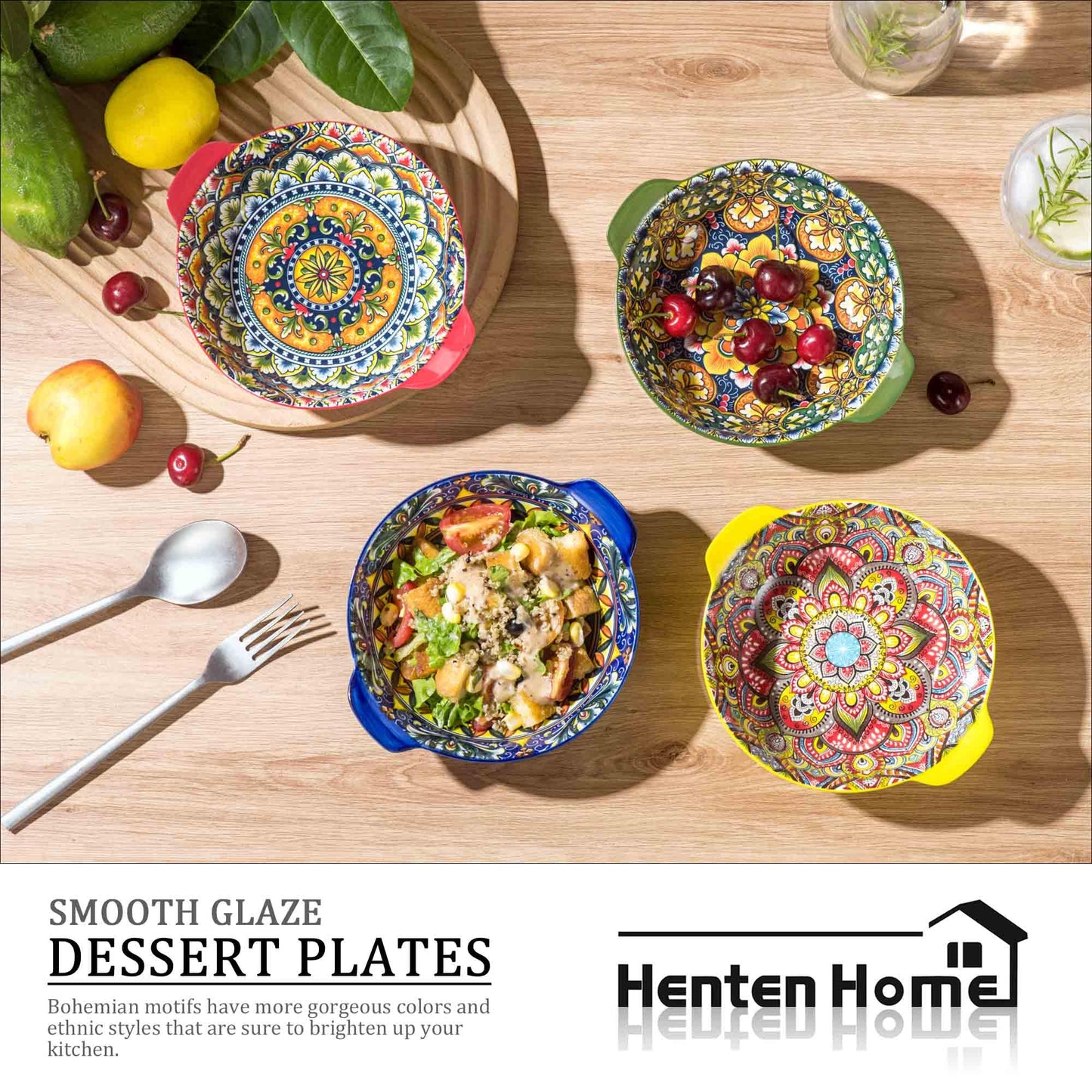 Henten Home Ceramic Soup Bowls Set, 14 oz Cereal Bowl Set of 6, Porcelain Small Dessert Bowls with Handle, for Serving, Snack, Salad, Bohemian, Microwave & Dishwasher Safe